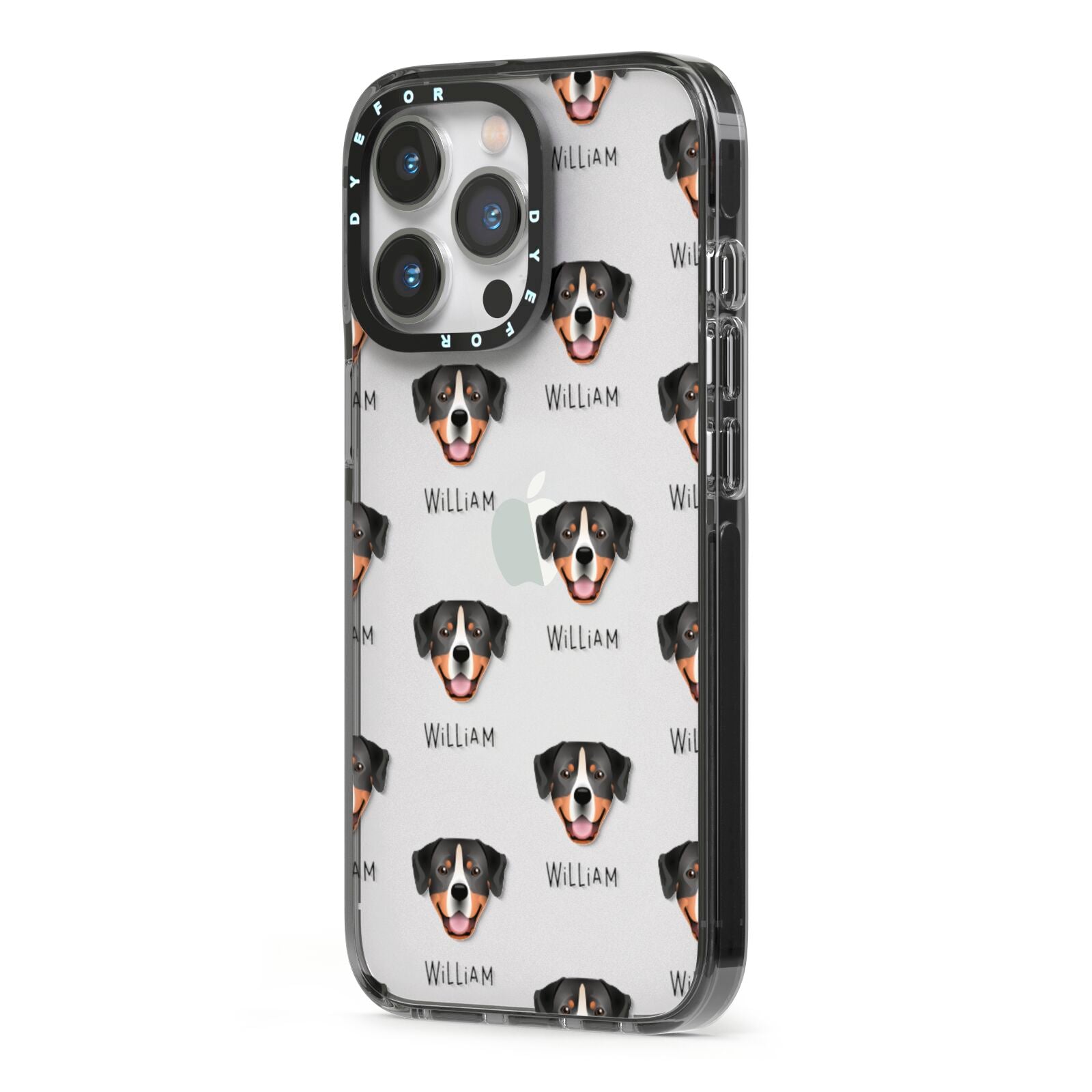 Entlebucher Mountain Dog Icon with Name iPhone 13 Pro Black Impact Case Side Angle on Silver phone