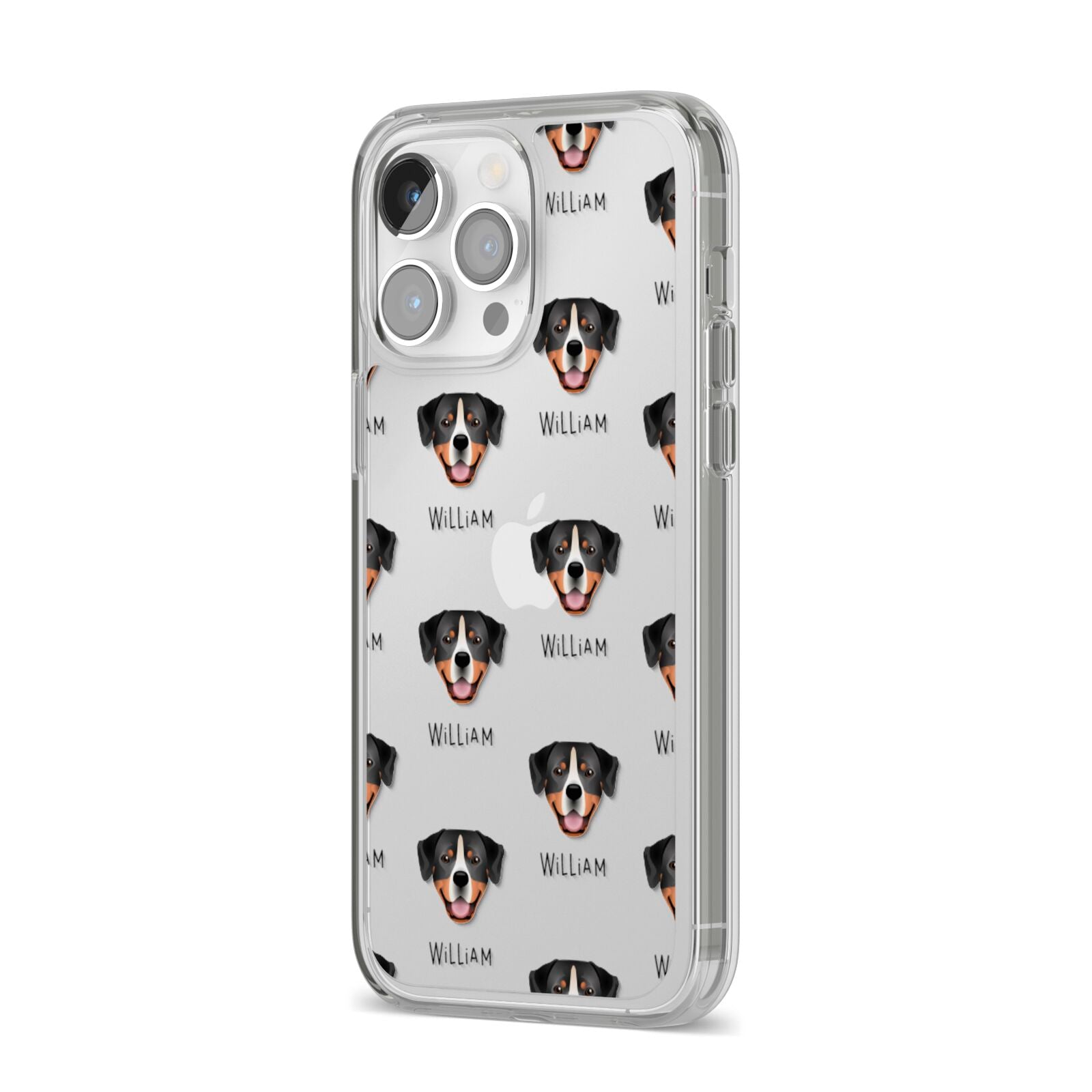 Entlebucher Mountain Dog Icon with Name iPhone 14 Pro Max Clear Tough Case Silver Angled Image