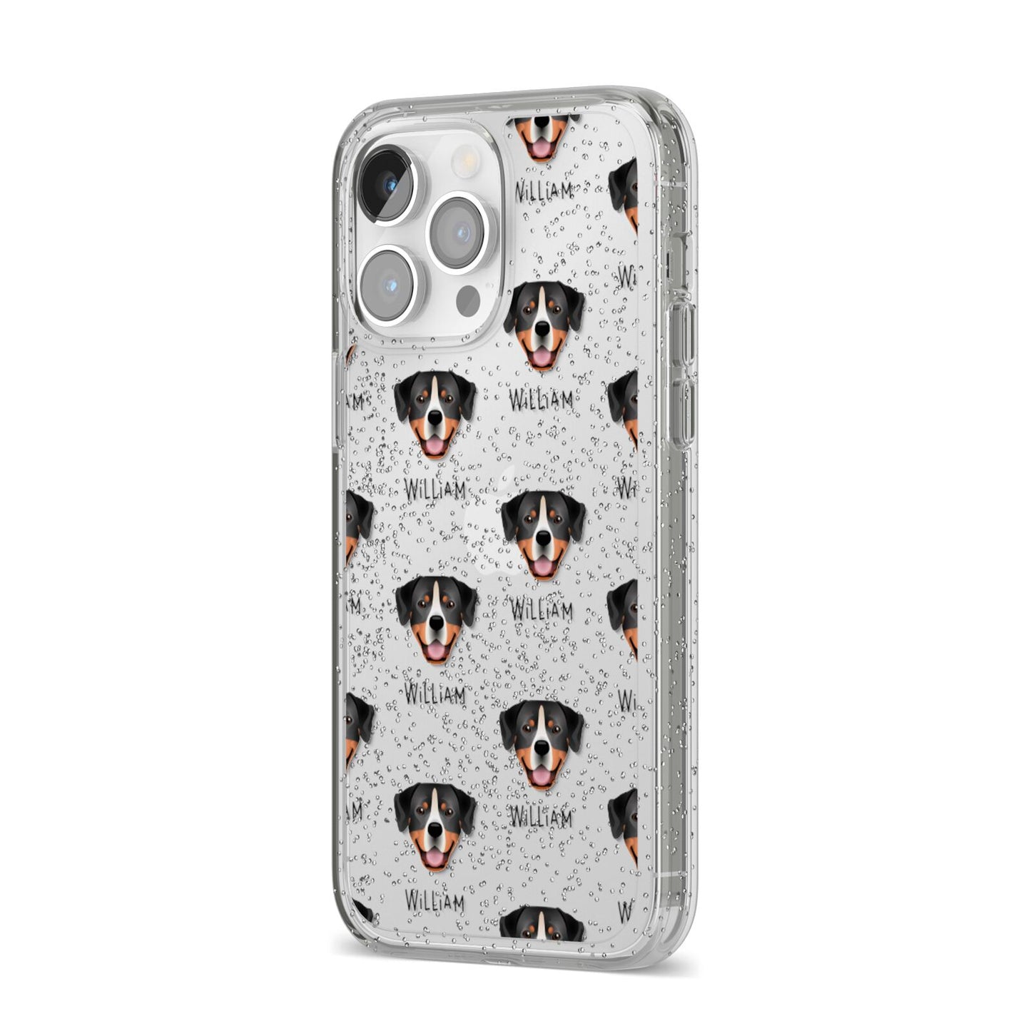 Entlebucher Mountain Dog Icon with Name iPhone 14 Pro Max Glitter Tough Case Silver Angled Image