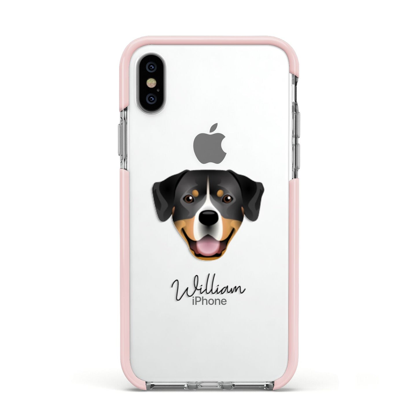 Entlebucher Mountain Dog Personalised Apple iPhone Xs Impact Case Pink Edge on Silver Phone