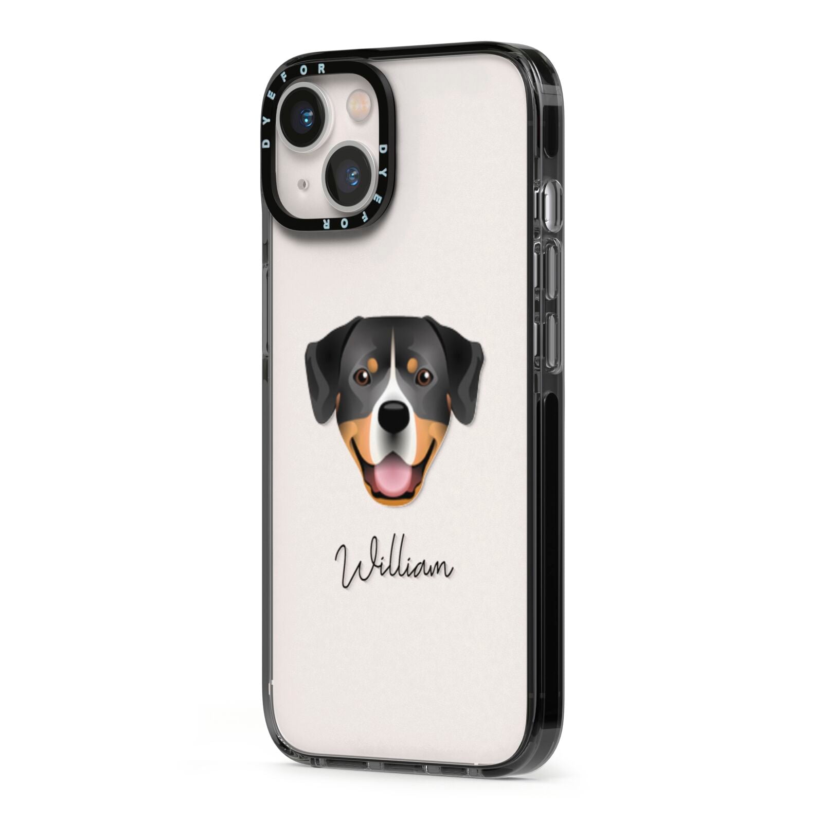 Entlebucher Mountain Dog Personalised iPhone 13 Black Impact Case Side Angle on Silver phone