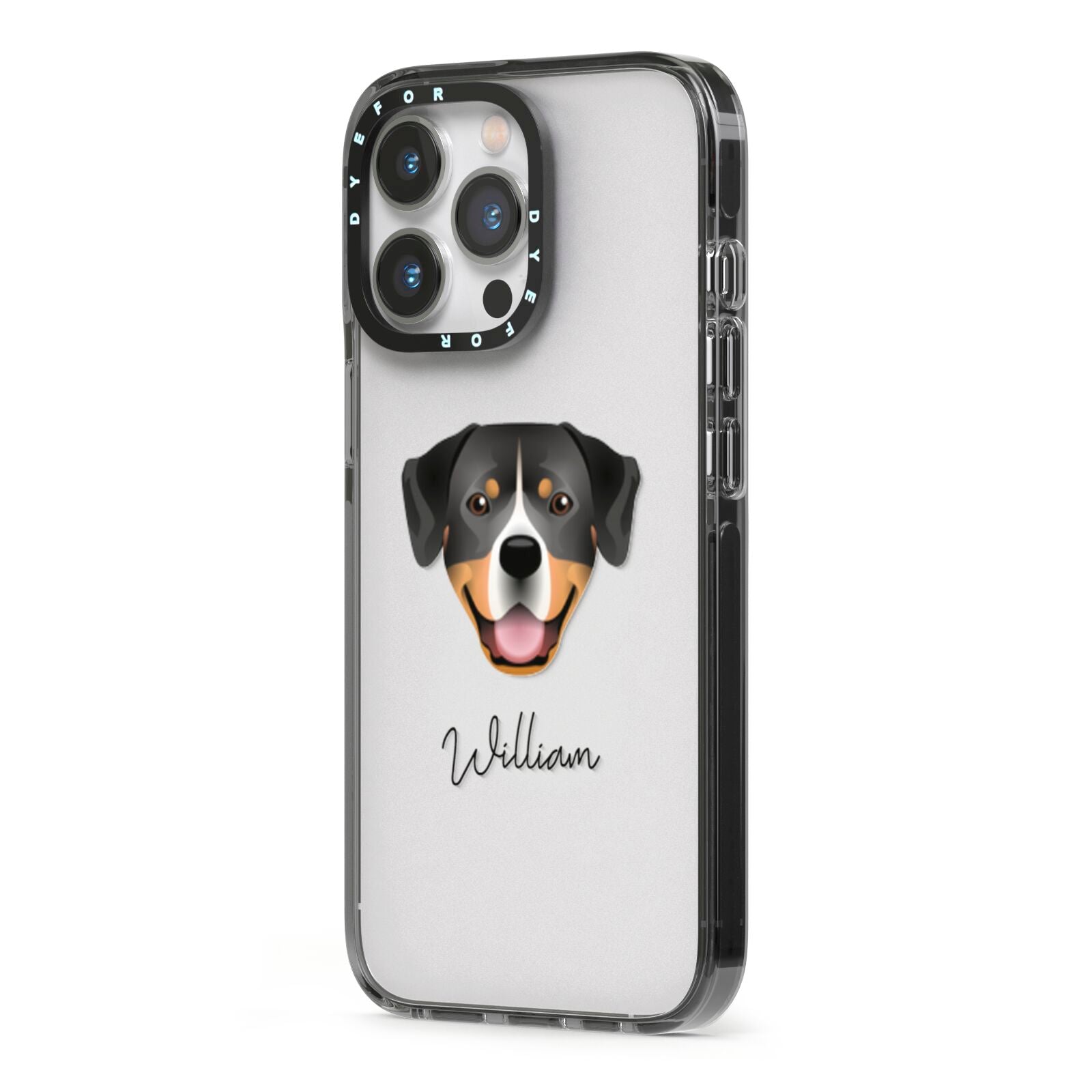 Entlebucher Mountain Dog Personalised iPhone 13 Pro Black Impact Case Side Angle on Silver phone