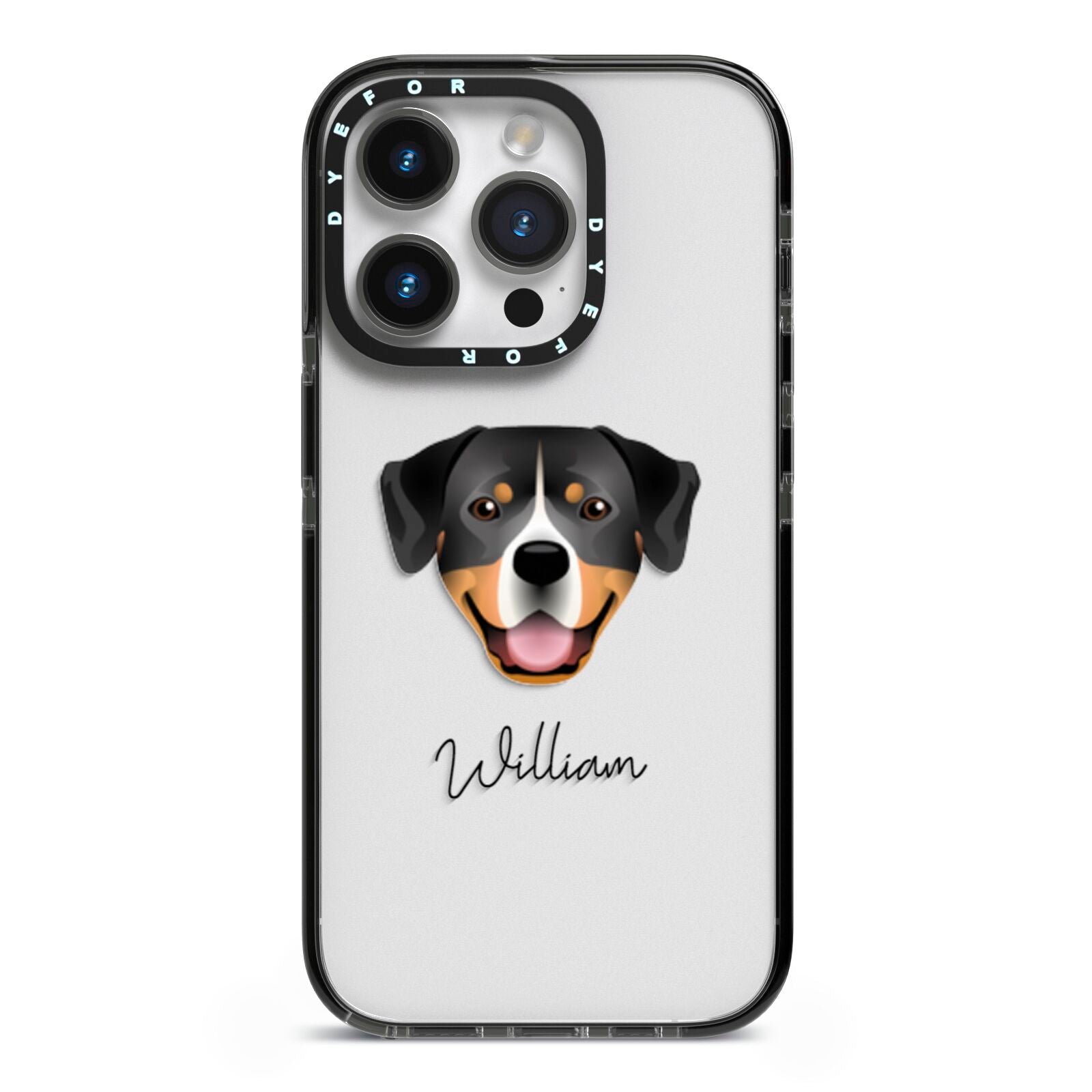 Entlebucher Mountain Dog Personalised iPhone 14 Pro Black Impact Case on Silver phone
