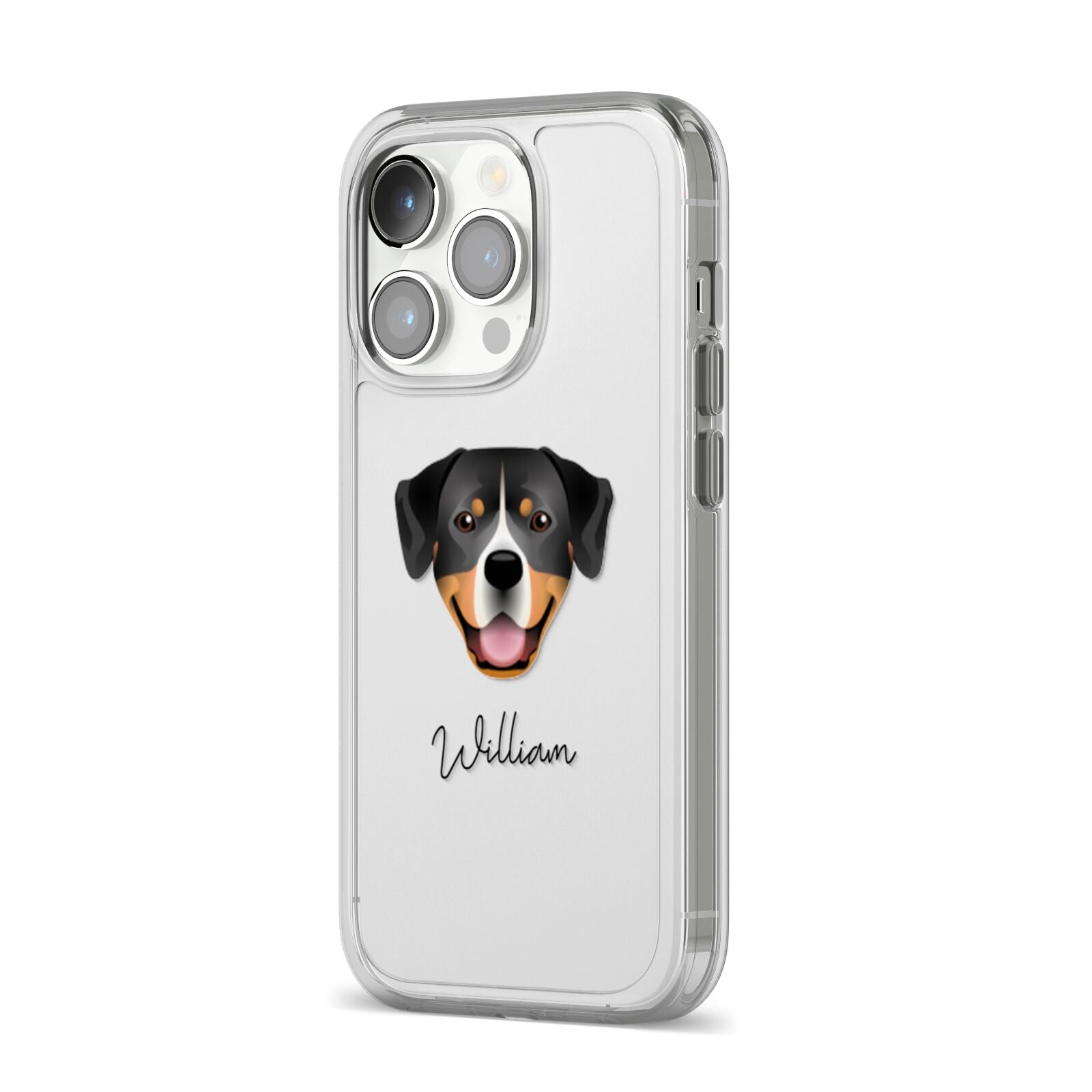 Entlebucher Mountain Dog Personalised iPhone 14 Pro Clear Tough Case Silver Angled Image