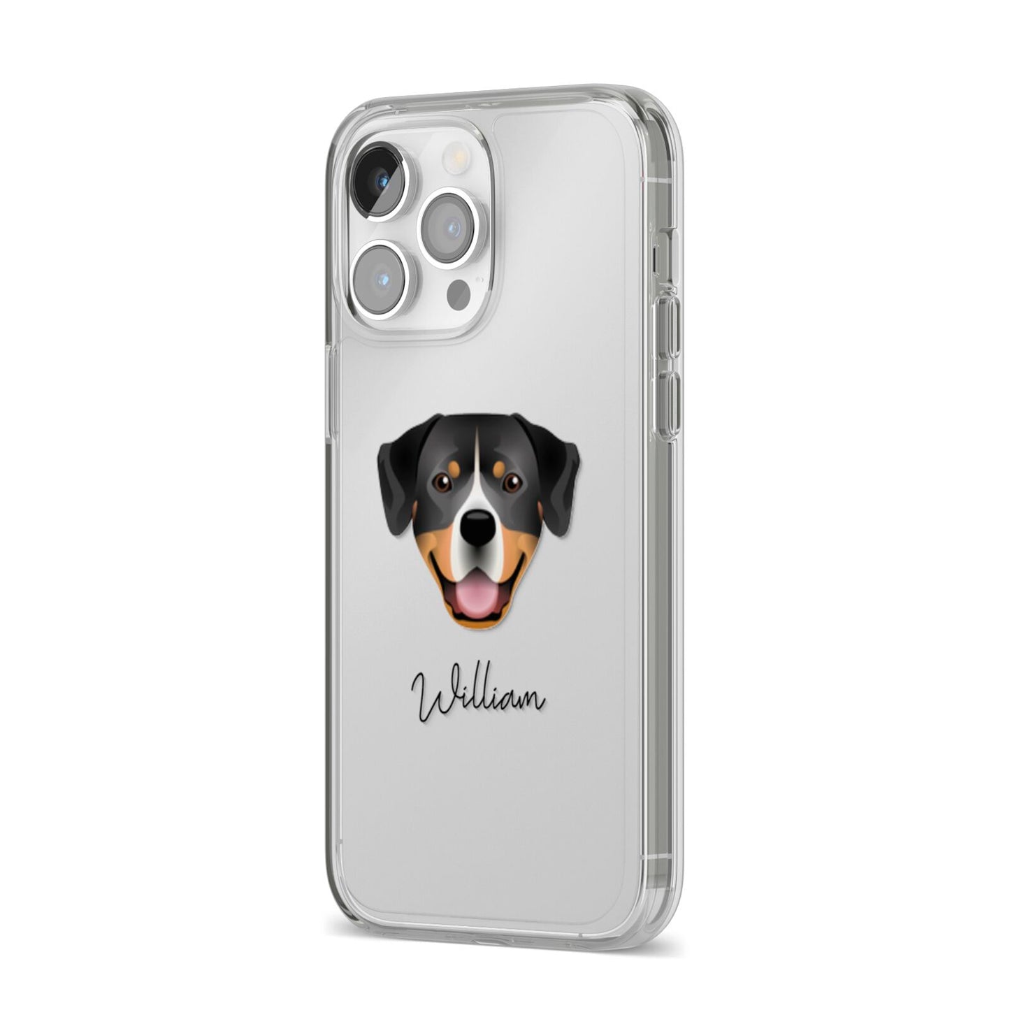 Entlebucher Mountain Dog Personalised iPhone 14 Pro Max Clear Tough Case Silver Angled Image