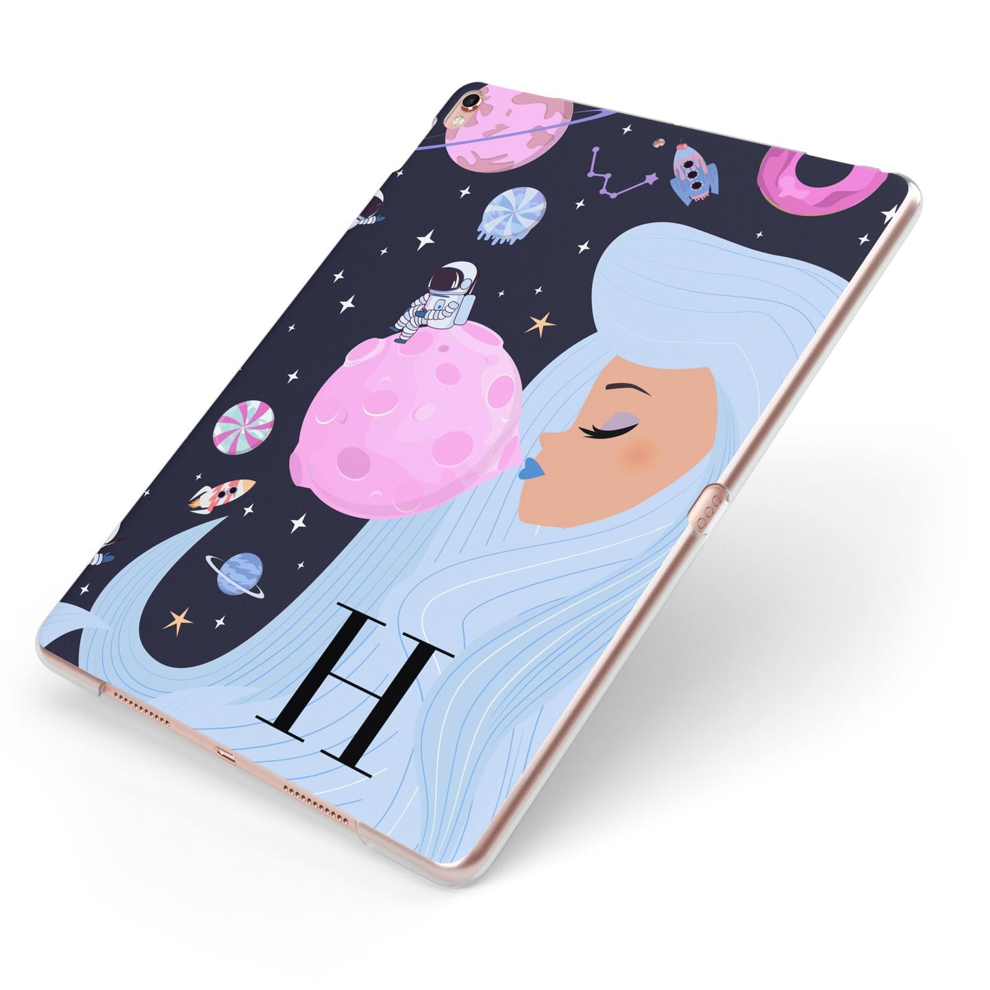 Ethereal Goddess in Space with Initial Apple iPad Case on Rose Gold iPad Side View
