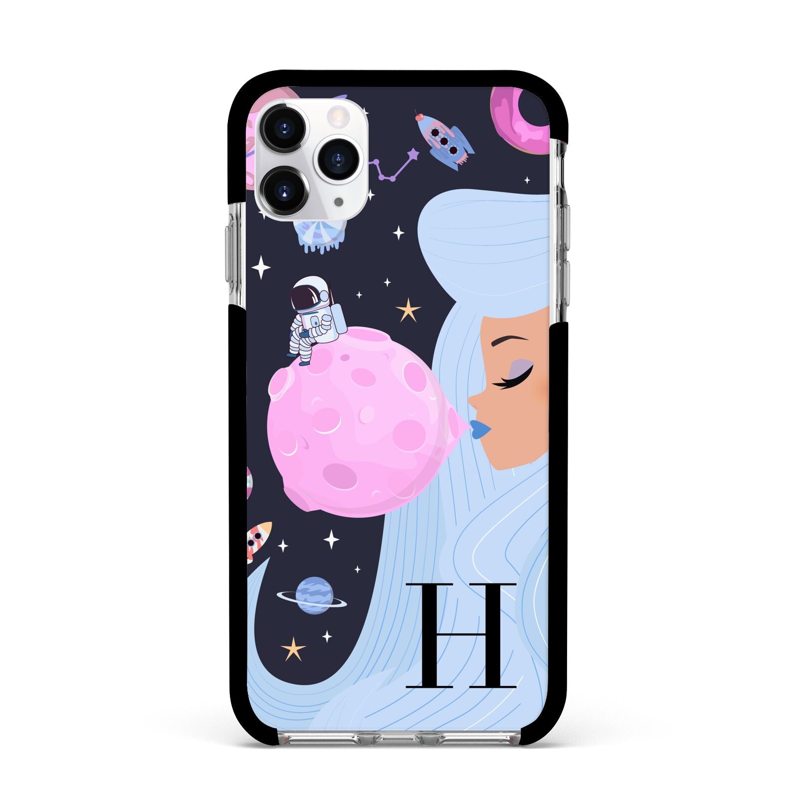 Ethereal Goddess in Space with Initial Apple iPhone 11 Pro Max in Silver with Black Impact Case