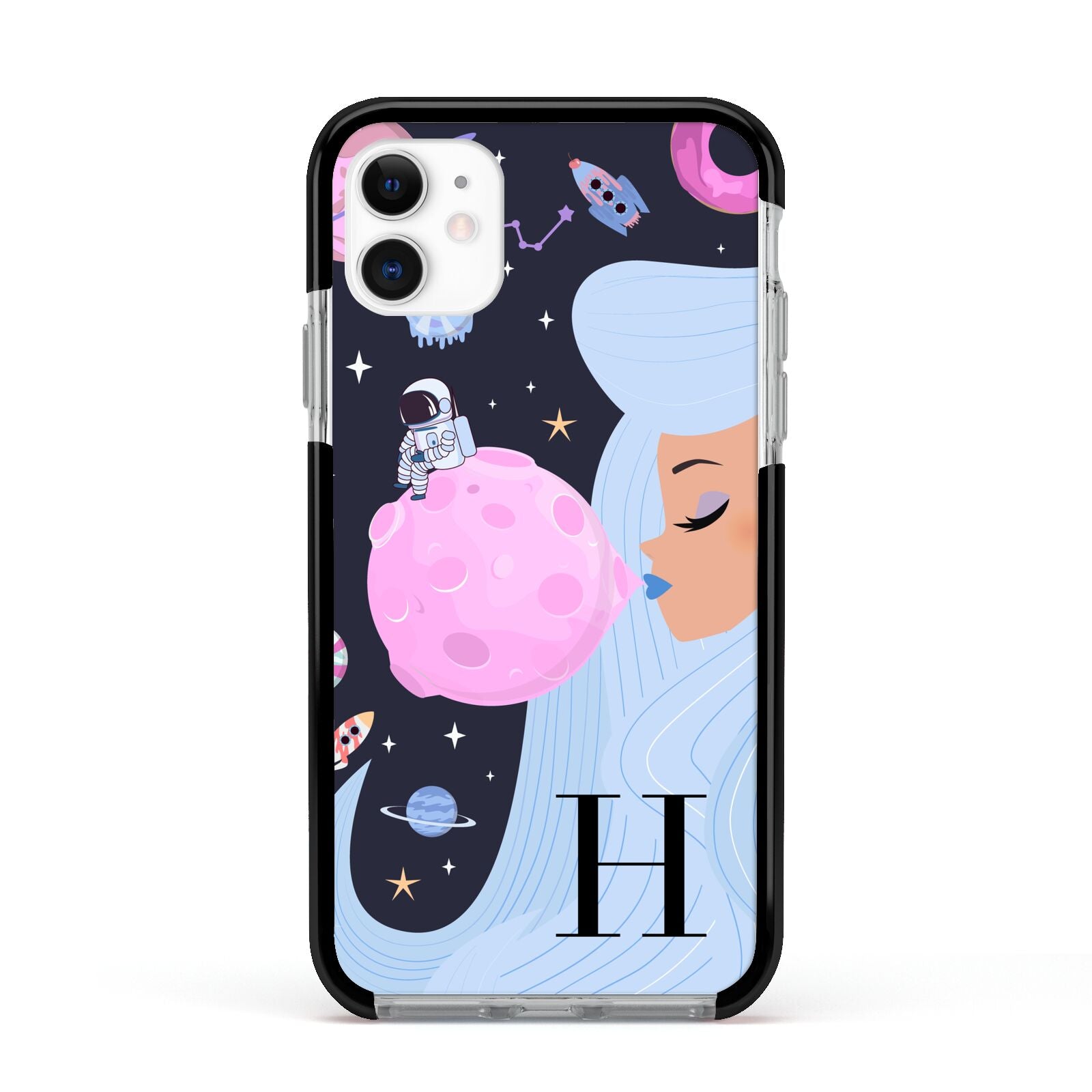 Ethereal Goddess in Space with Initial Apple iPhone 11 in White with Black Impact Case