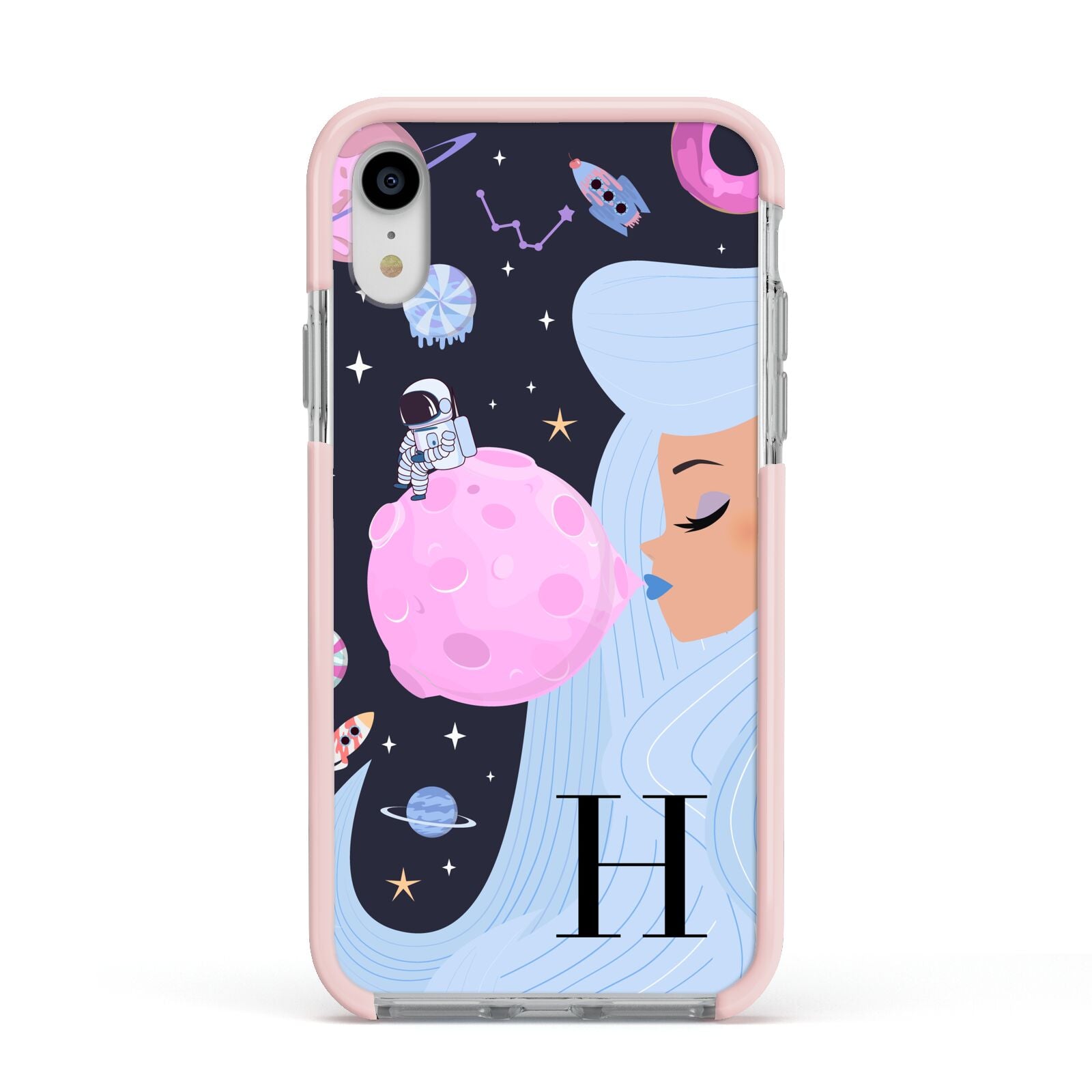 Ethereal Goddess in Space with Initial Apple iPhone XR Impact Case Pink Edge on Silver Phone