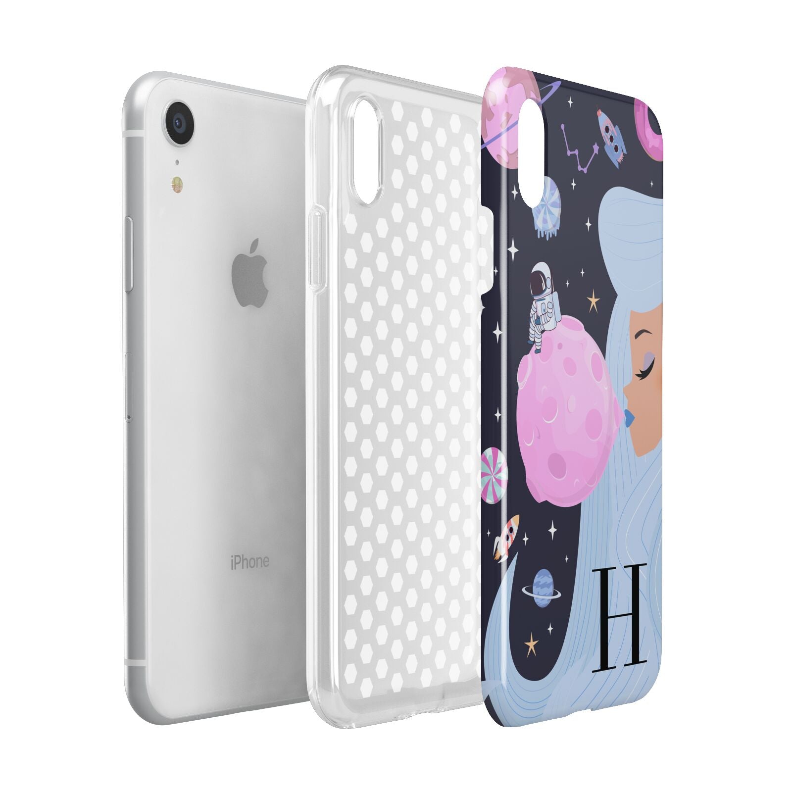Ethereal Goddess in Space with Initial Apple iPhone XR White 3D Tough Case Expanded view