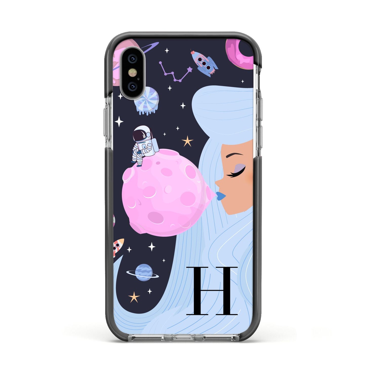 Ethereal Goddess in Space with Initial Apple iPhone Xs Impact Case Black Edge on Silver Phone