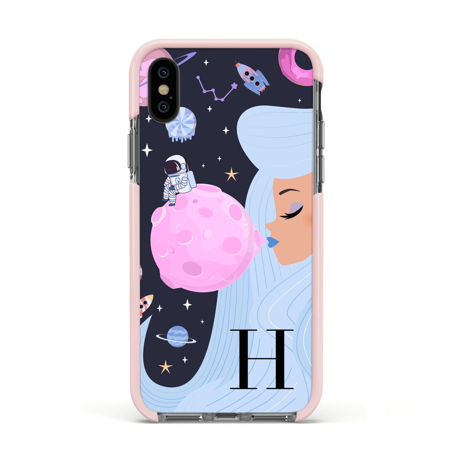 Ethereal Goddess in Space with Initial Apple iPhone Xs Impact Case Pink Edge on Black Phone