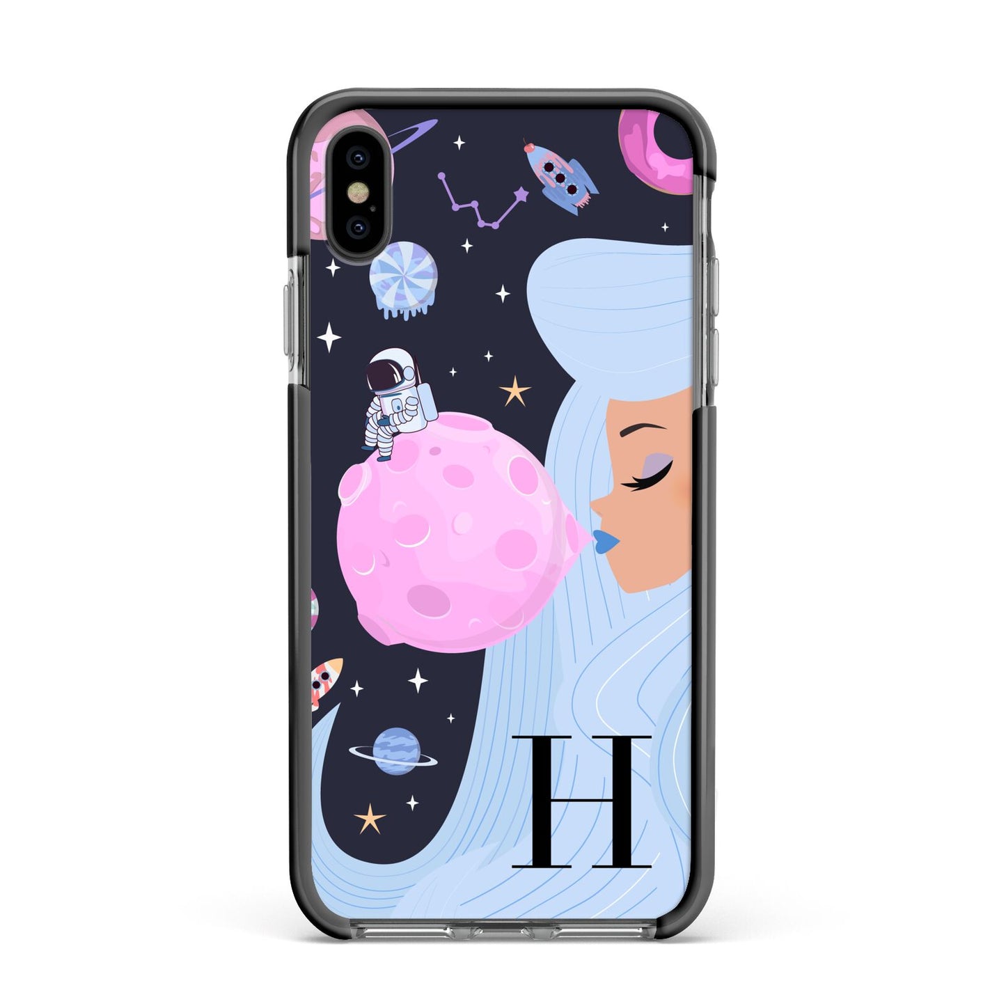 Ethereal Goddess in Space with Initial Apple iPhone Xs Max Impact Case Black Edge on Black Phone