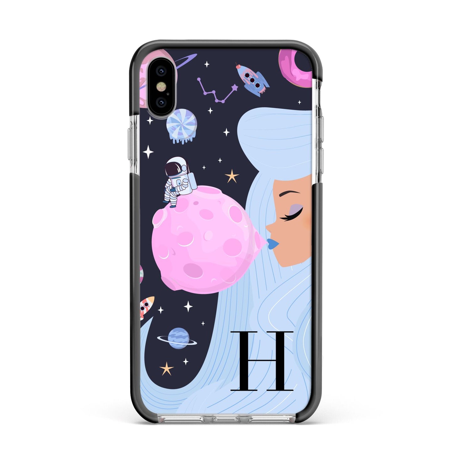 Ethereal Goddess in Space with Initial Apple iPhone Xs Max Impact Case Black Edge on Silver Phone