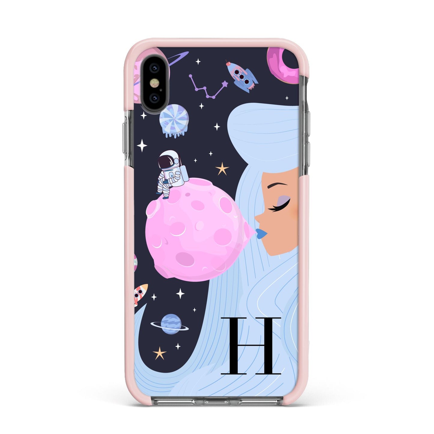 Ethereal Goddess in Space with Initial Apple iPhone Xs Max Impact Case Pink Edge on Black Phone