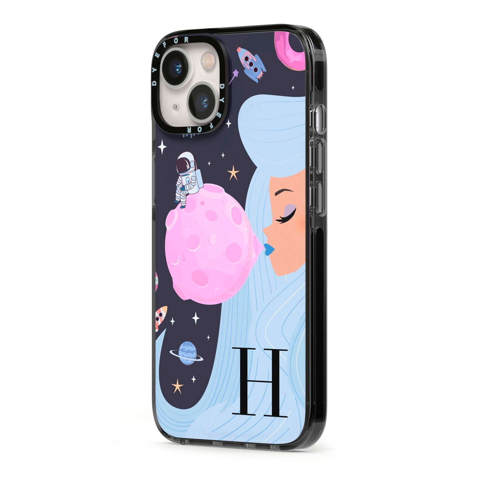 Ethereal Goddess in Space with Initial iPhone 13 Black Impact Case Side Angle on Silver phone