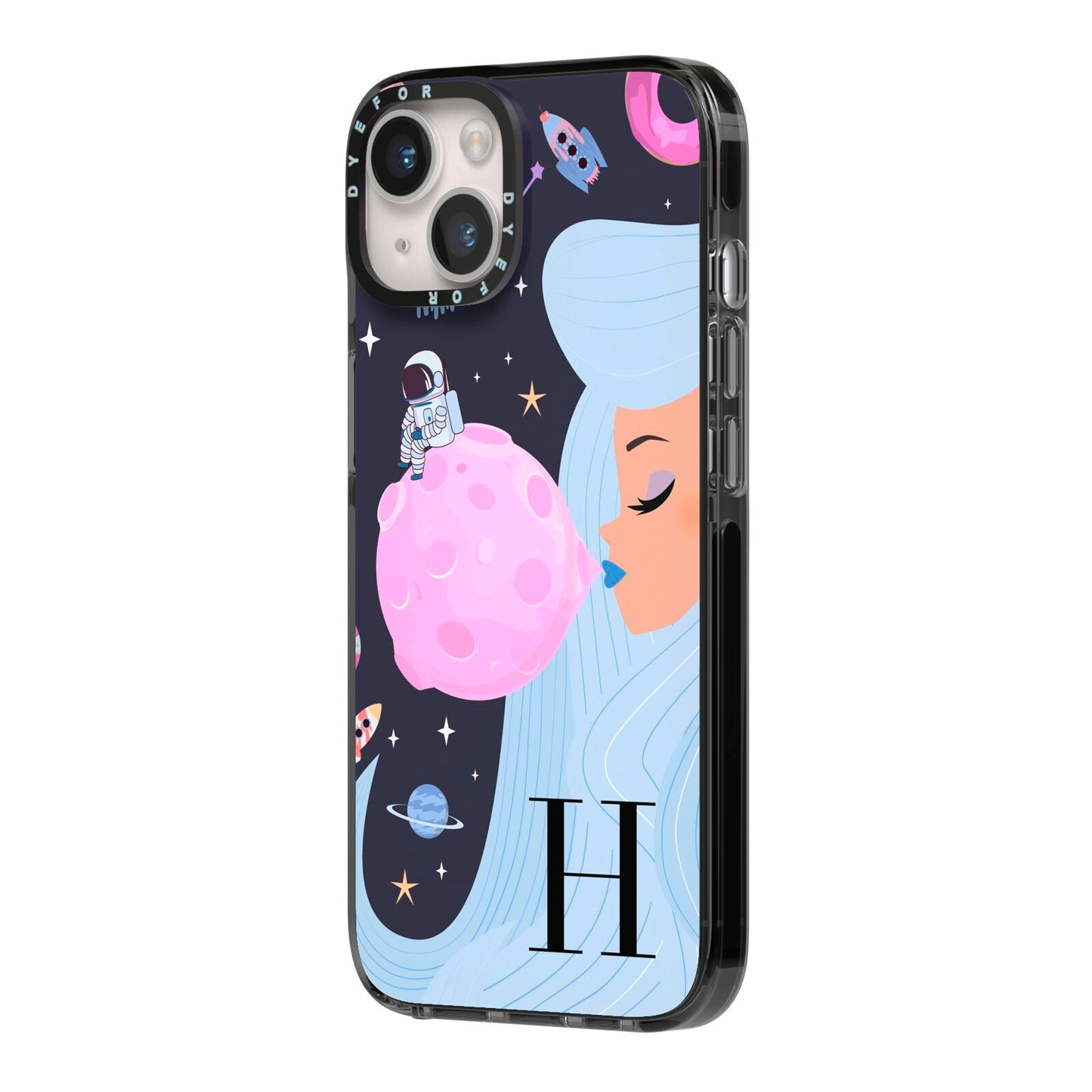 Ethereal Goddess in Space with Initial iPhone 14 Black Impact Case Side Angle on Silver phone