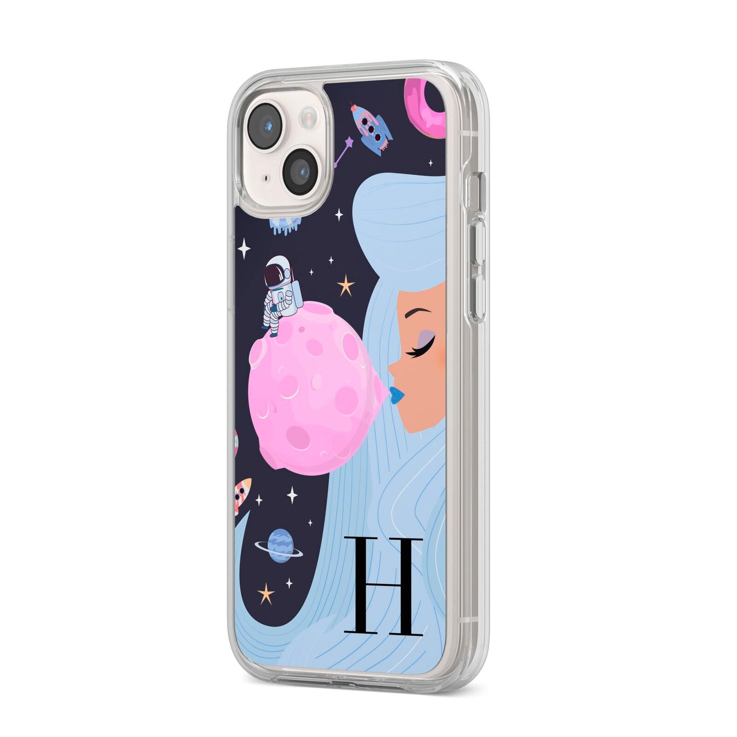 Ethereal Goddess in Space with Initial iPhone 14 Plus Clear Tough Case Starlight Angled Image