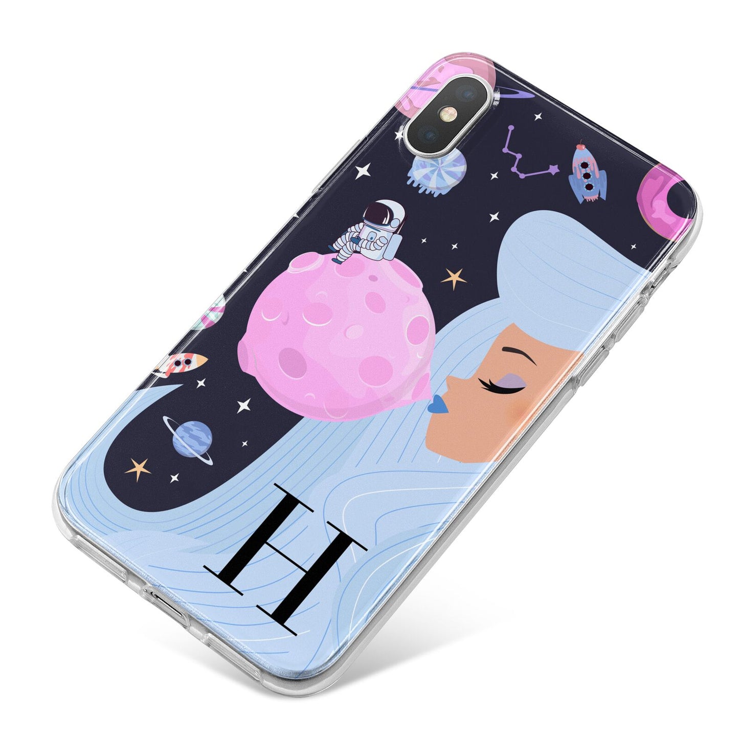 Ethereal Goddess in Space with Initial iPhone X Bumper Case on Silver iPhone