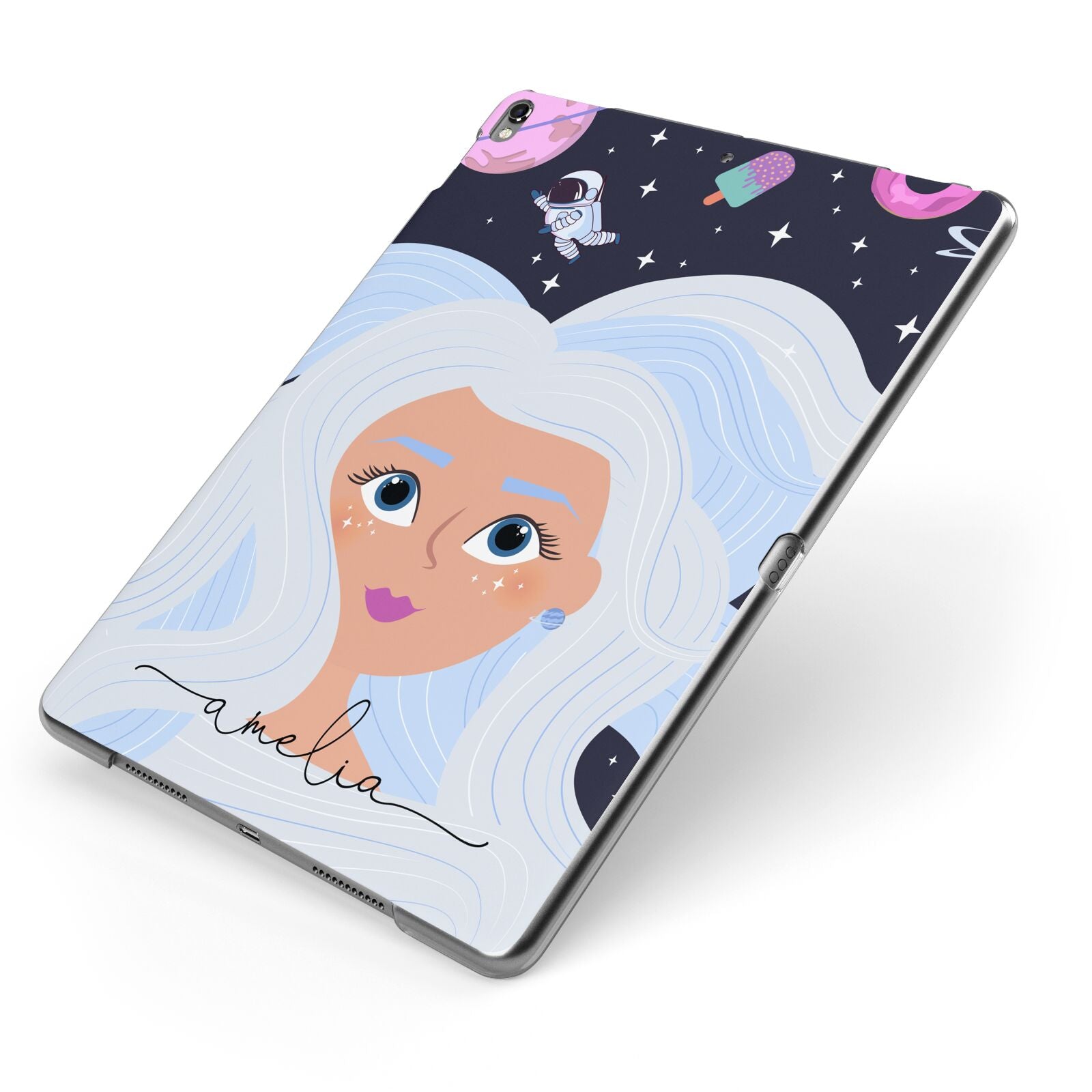 Ethereal Space Goddess with Name Apple iPad Case on Grey iPad Side View