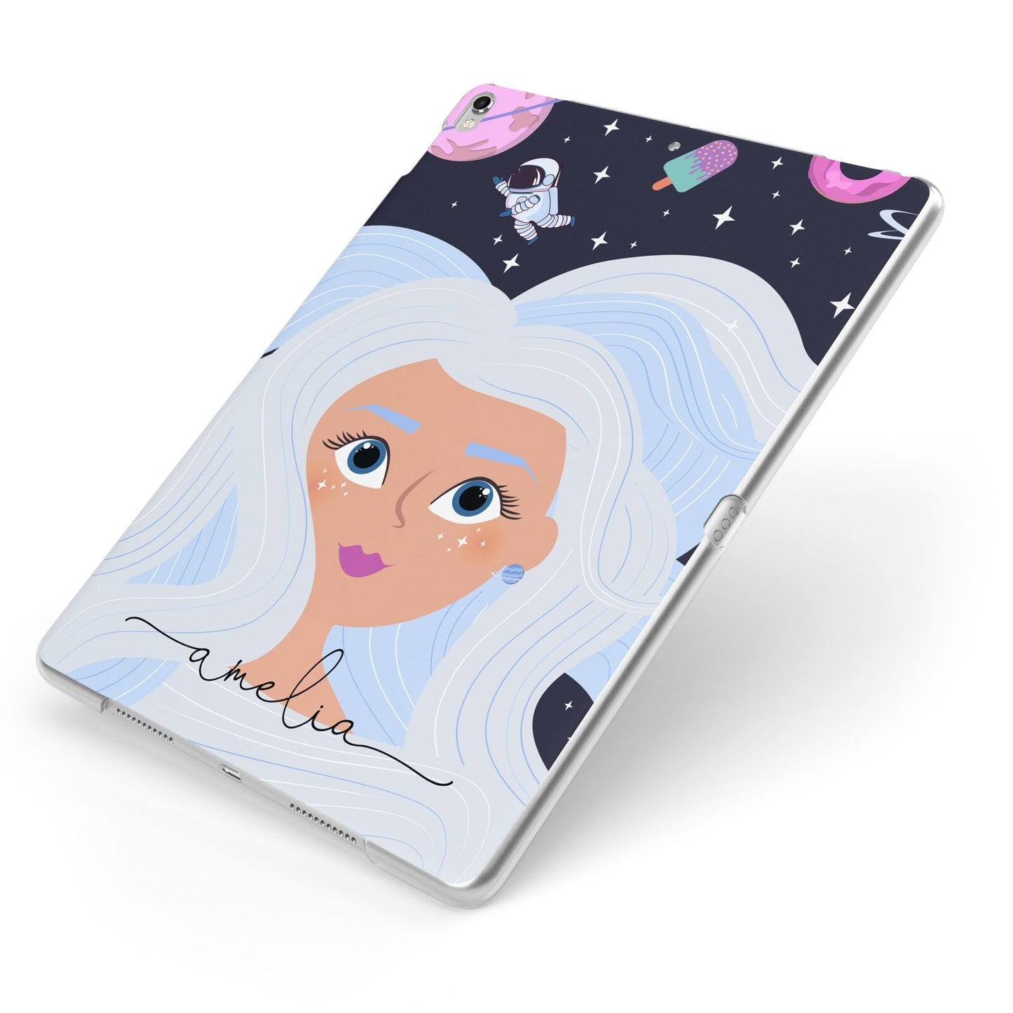Ethereal Space Goddess with Name Apple iPad Case on Silver iPad Side View