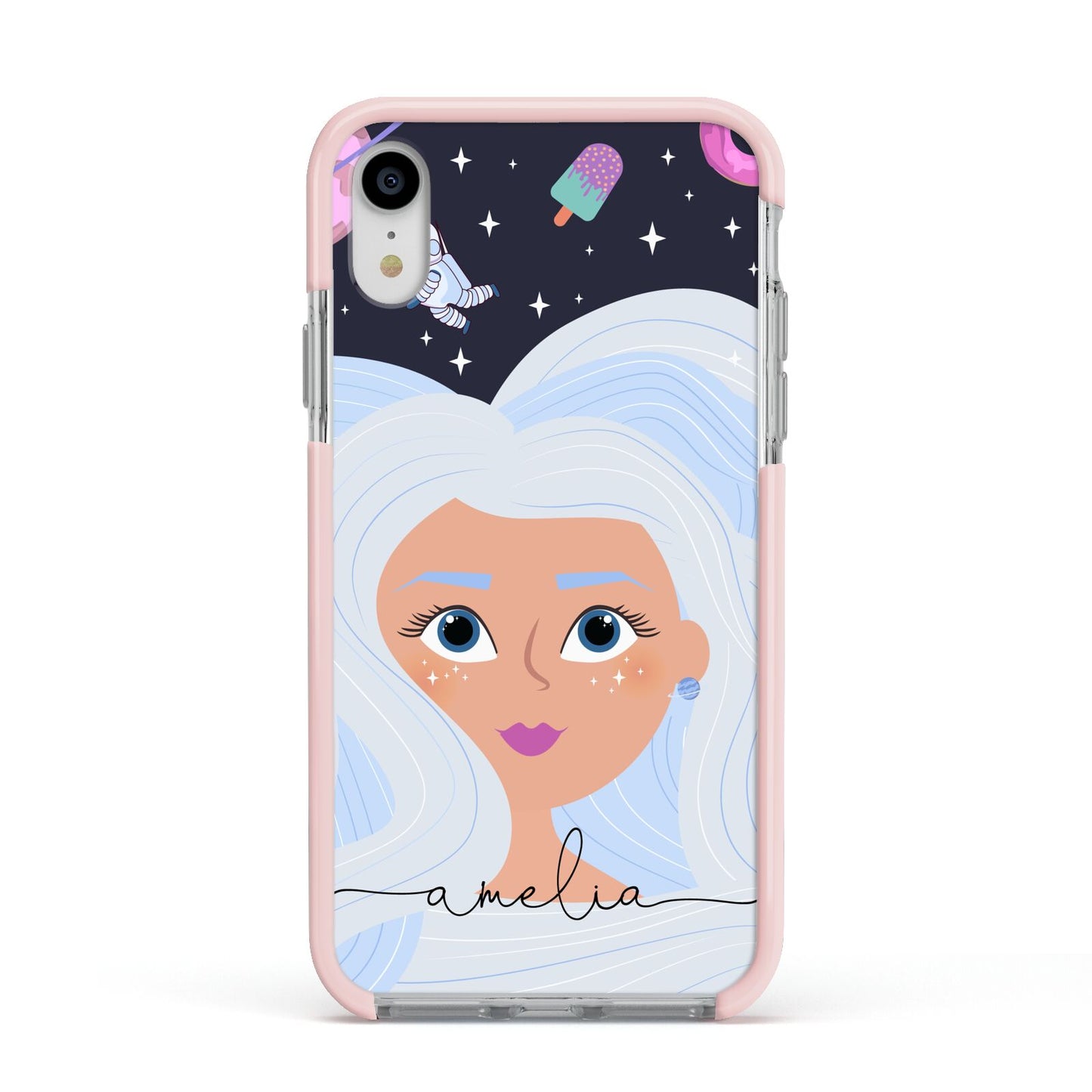 Ethereal Space Goddess with Name Apple iPhone XR Impact Case Pink Edge on Silver Phone