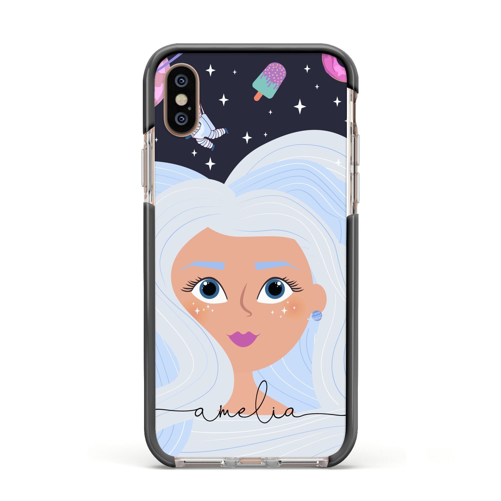Ethereal Space Goddess with Name Apple iPhone Xs Impact Case Black Edge on Gold Phone