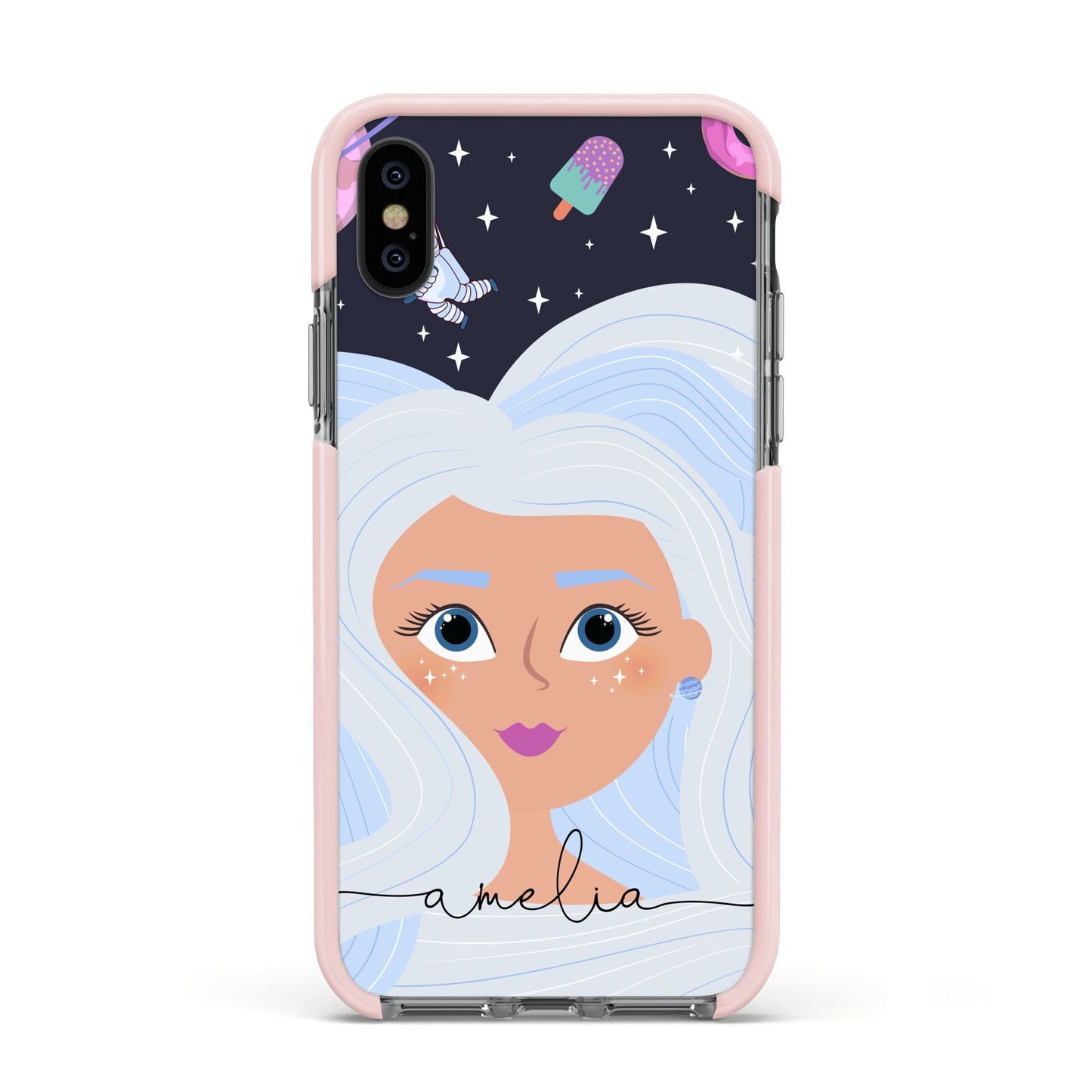 Ethereal Space Goddess with Name Apple iPhone Xs Impact Case Pink Edge on Black Phone
