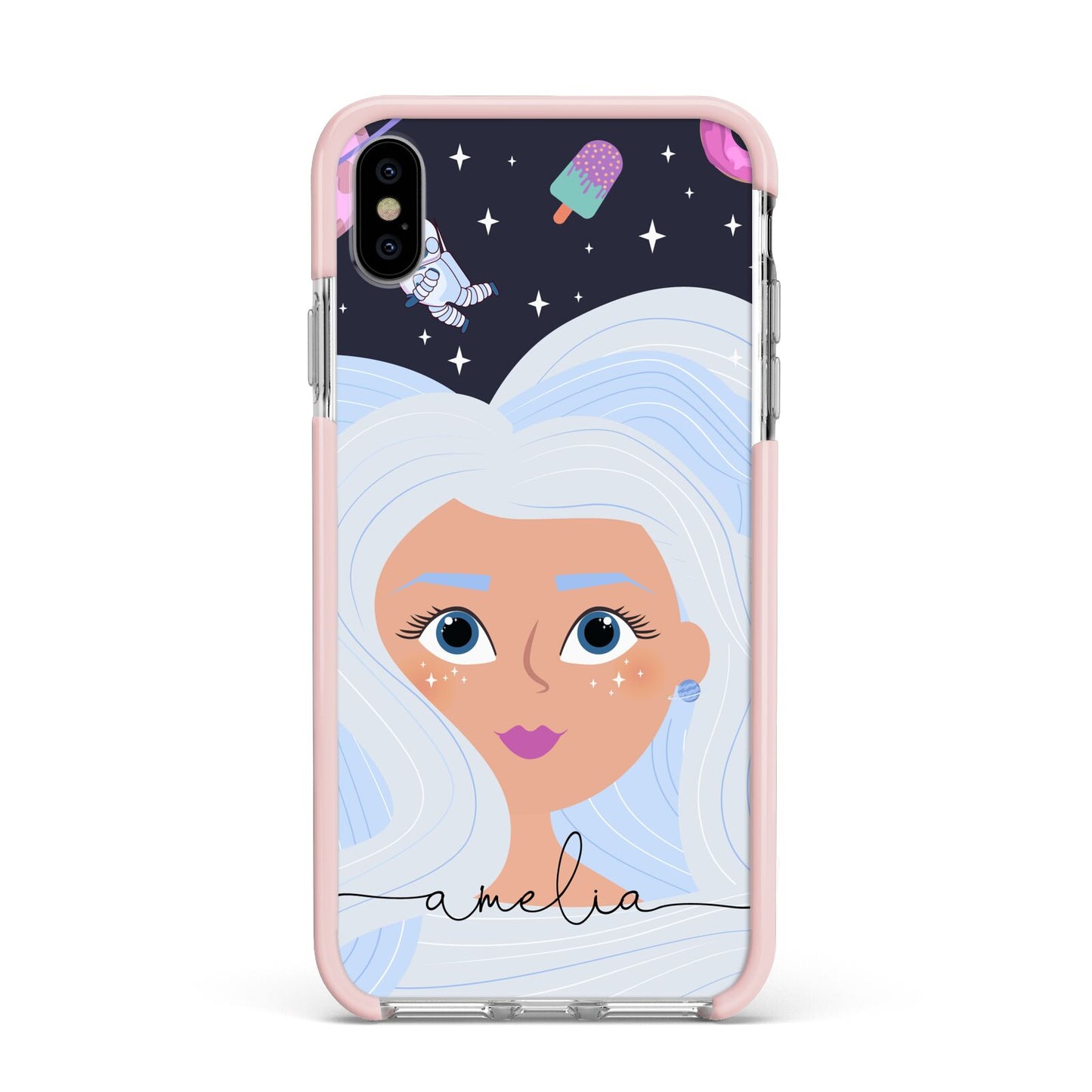 Ethereal Space Goddess with Name Apple iPhone Xs Max Impact Case Pink Edge on Silver Phone