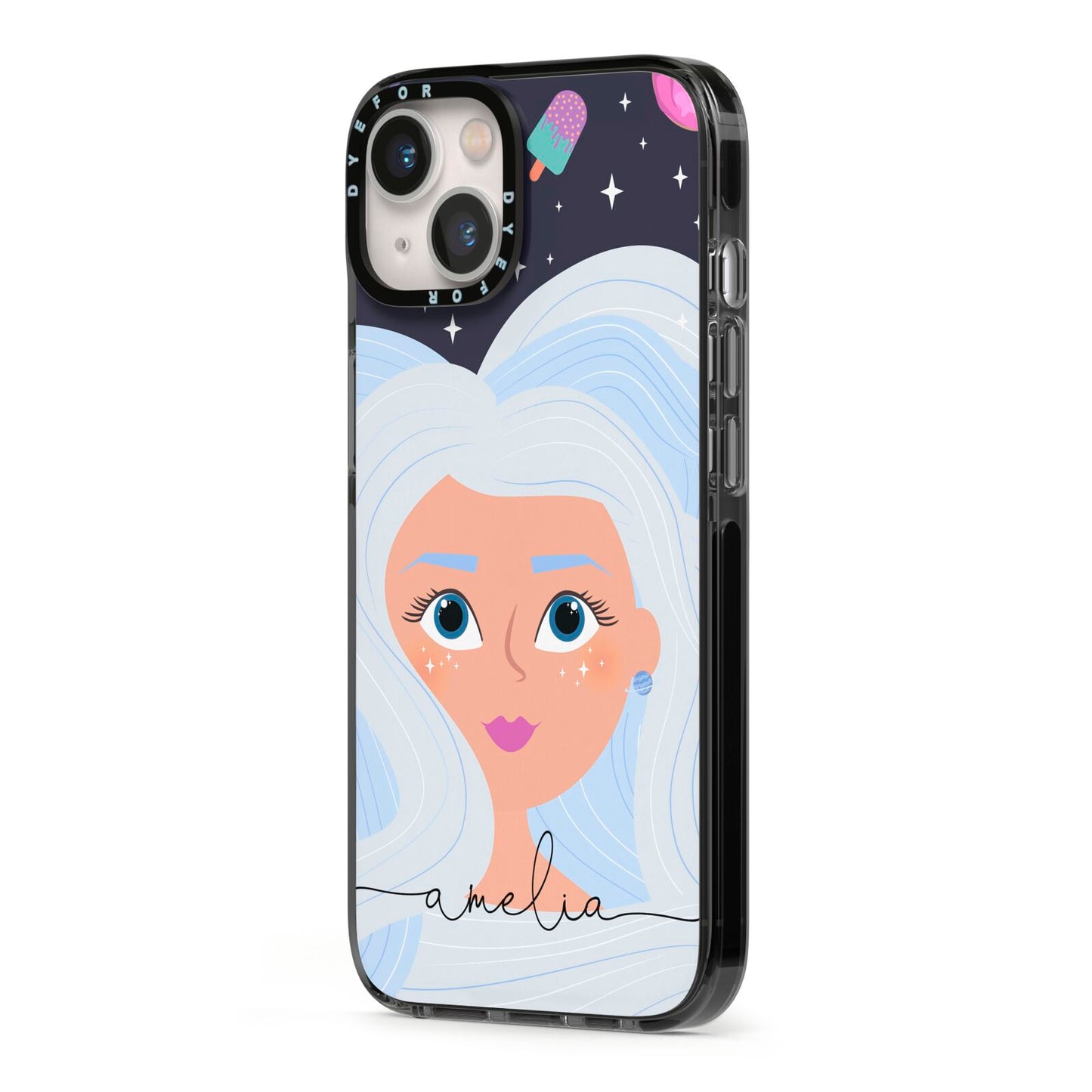 Ethereal Space Goddess with Name iPhone 13 Black Impact Case Side Angle on Silver phone