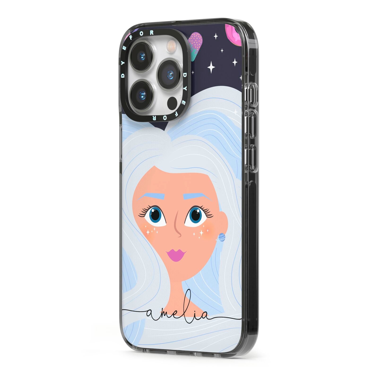 Ethereal Space Goddess with Name iPhone 13 Pro Black Impact Case Side Angle on Silver phone