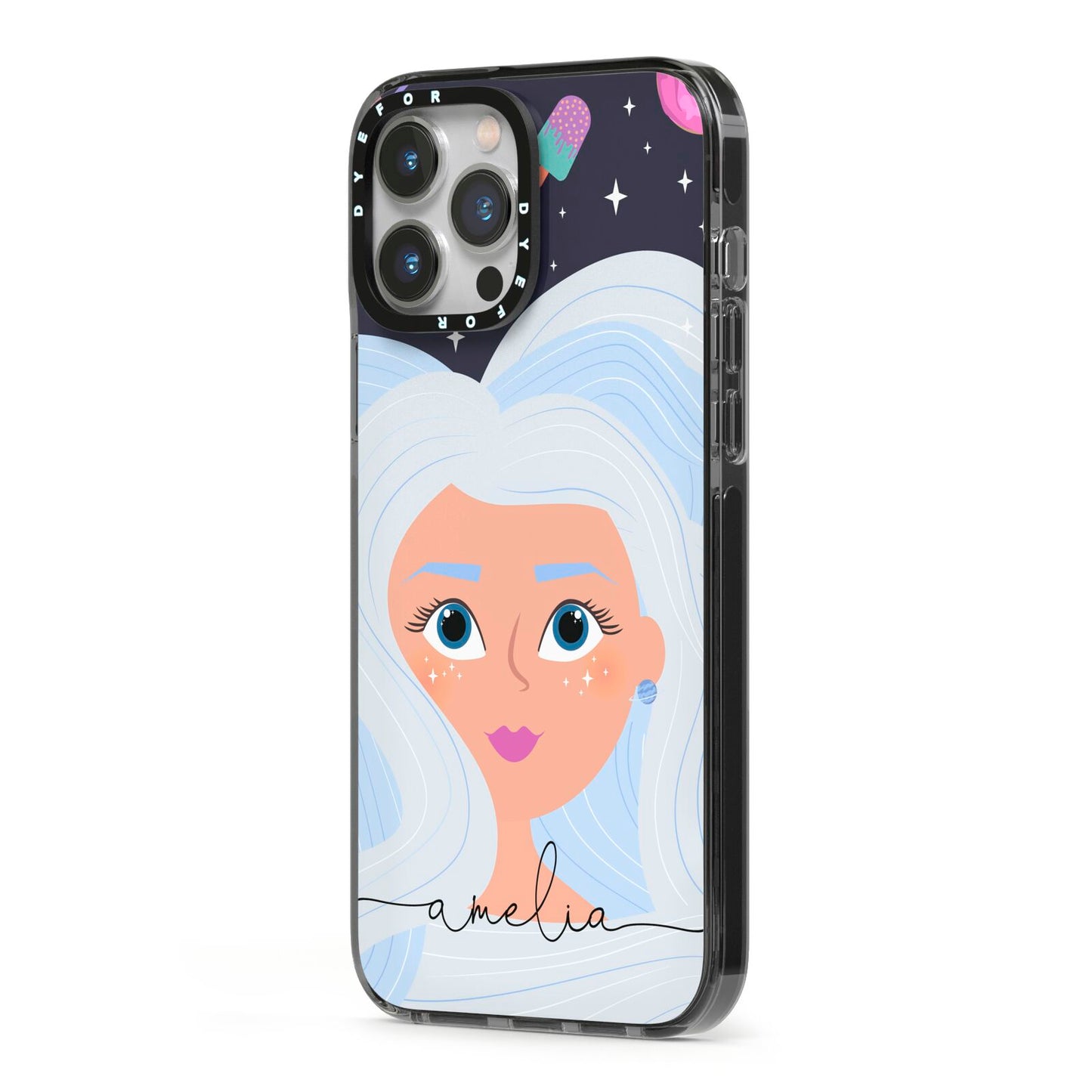 Ethereal Space Goddess with Name iPhone 13 Pro Max Black Impact Case Side Angle on Silver phone