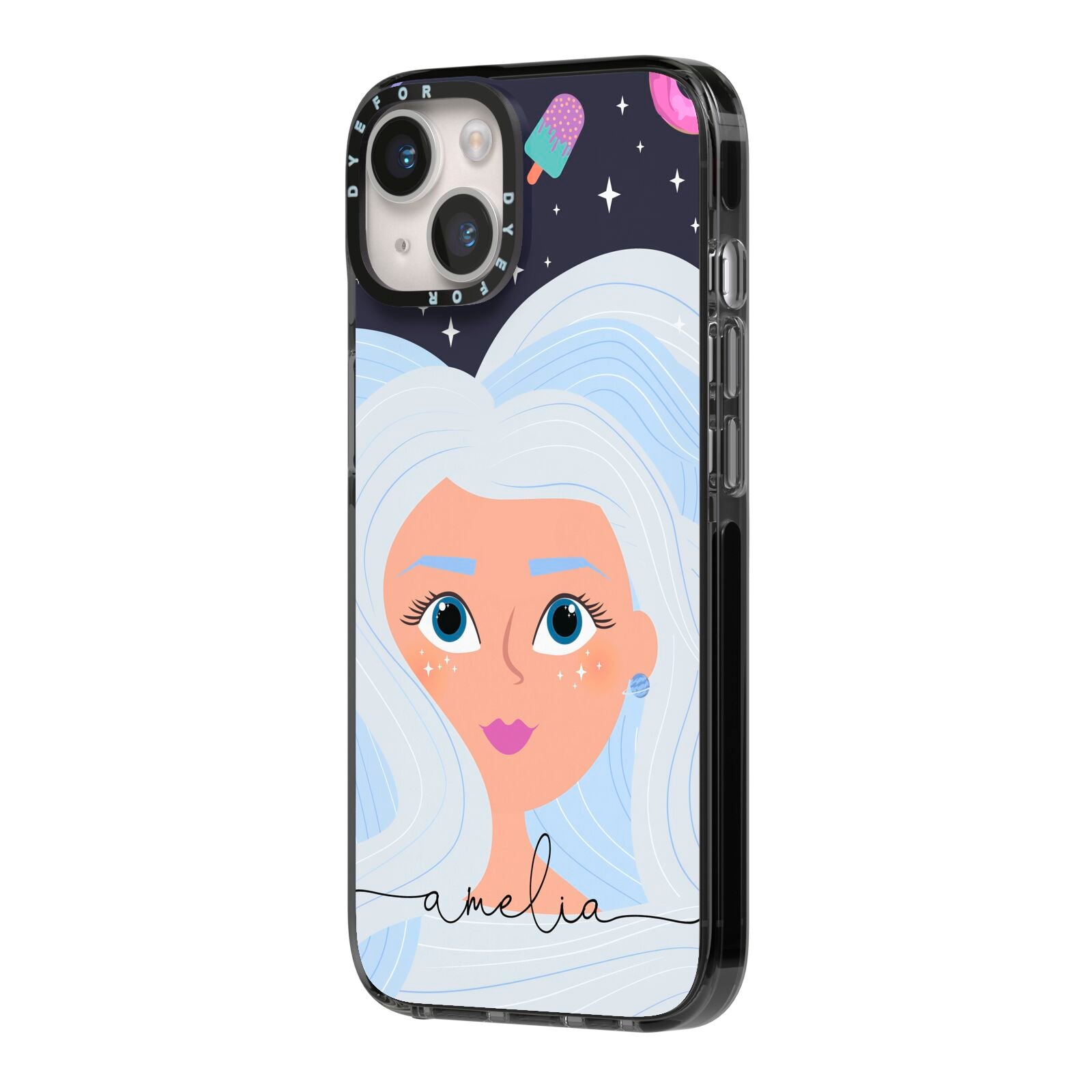Ethereal Space Goddess with Name iPhone 14 Black Impact Case Side Angle on Silver phone