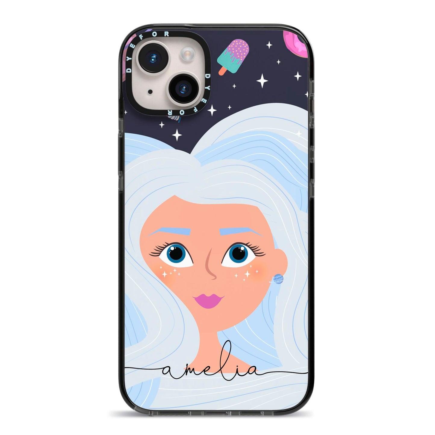 Ethereal Space Goddess with Name iPhone 14 Plus Black Impact Case on Silver phone