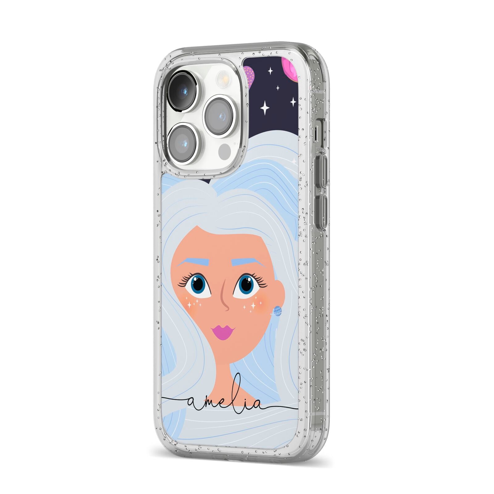 Ethereal Space Goddess with Name iPhone 14 Pro Glitter Tough Case Silver Angled Image
