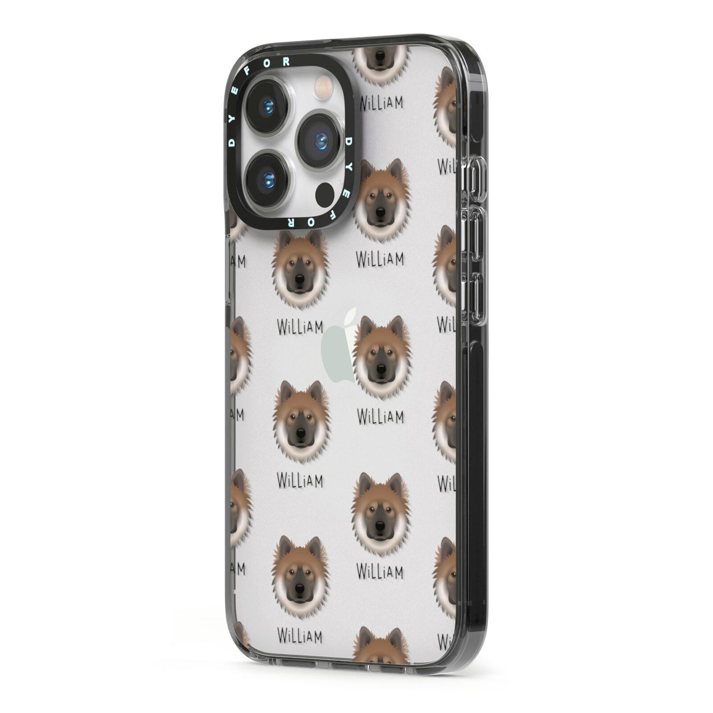 Eurasier Icon with Name iPhone 13 Pro Black Impact Case Side Angle on Silver phone