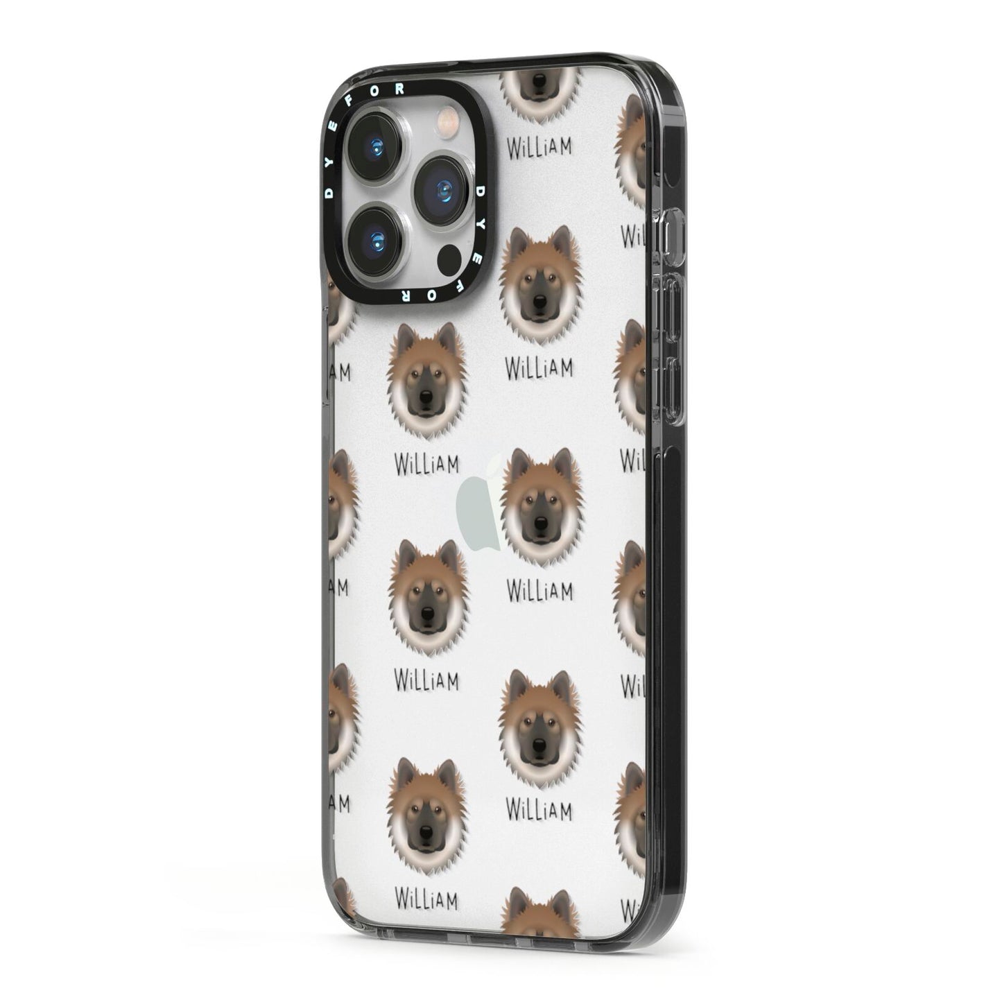 Eurasier Icon with Name iPhone 13 Pro Max Black Impact Case Side Angle on Silver phone