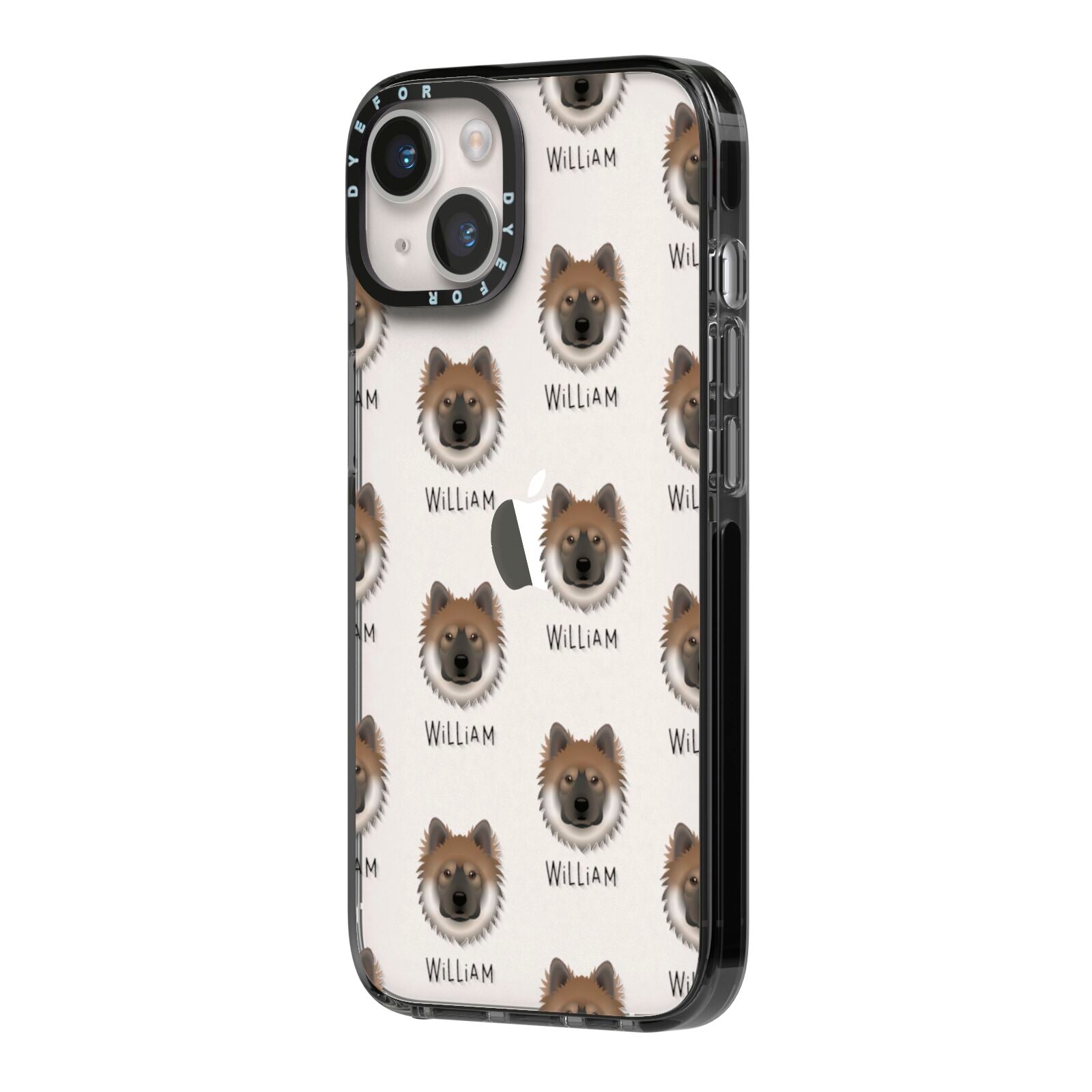 Eurasier Icon with Name iPhone 14 Black Impact Case Side Angle on Silver phone