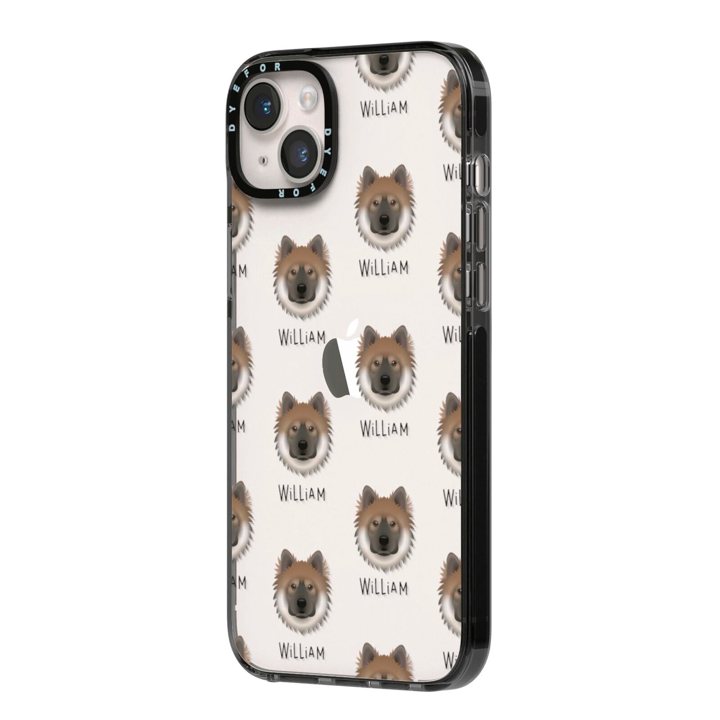 Eurasier Icon with Name iPhone 14 Plus Black Impact Case Side Angle on Silver phone