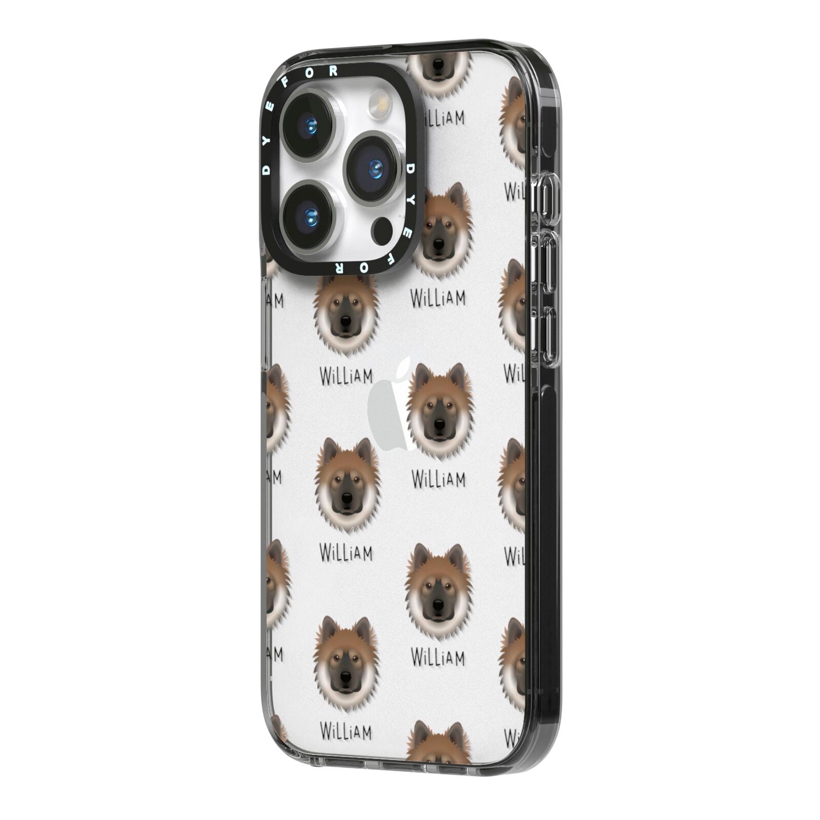 Eurasier Icon with Name iPhone 14 Pro Black Impact Case Side Angle on Silver phone