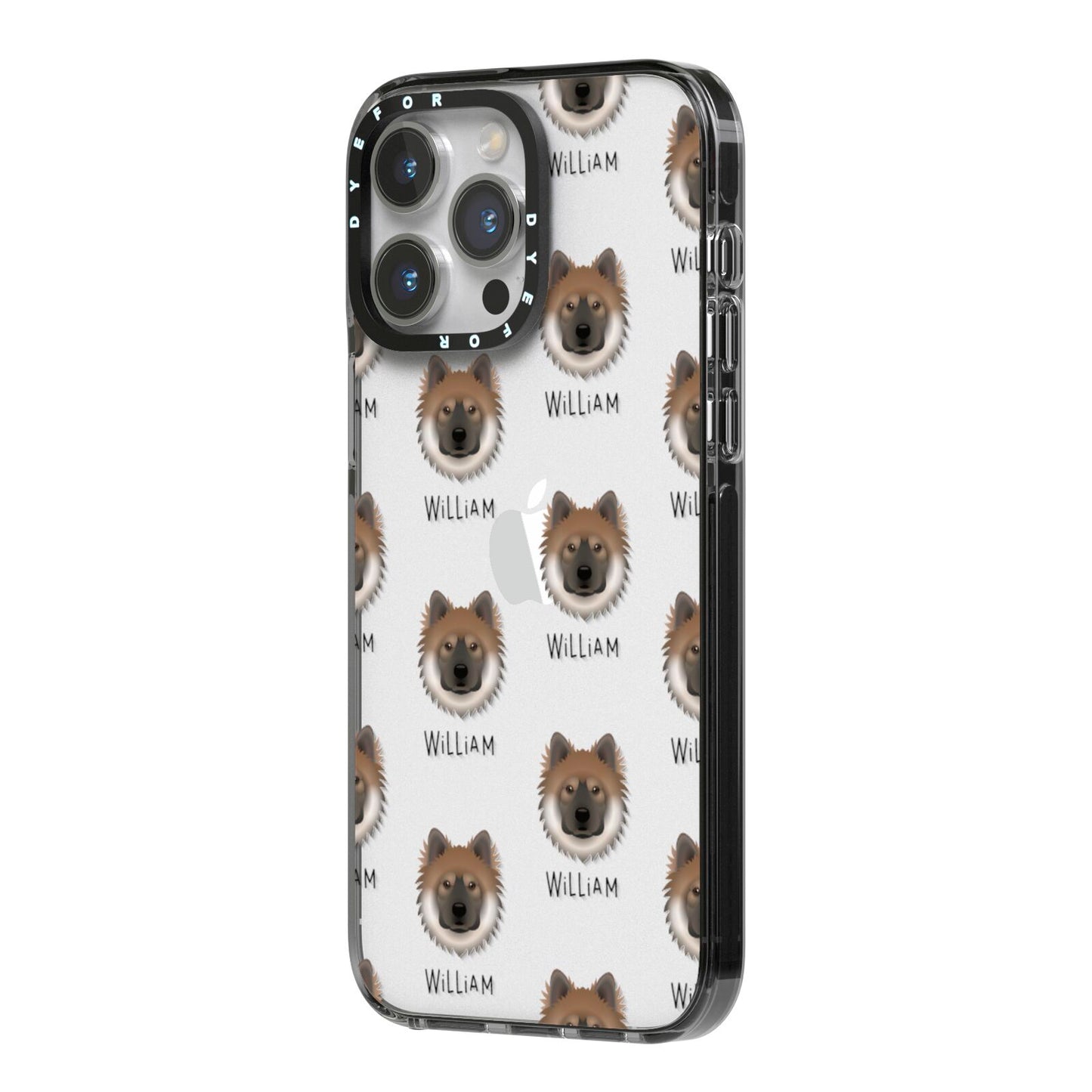 Eurasier Icon with Name iPhone 14 Pro Max Black Impact Case Side Angle on Silver phone