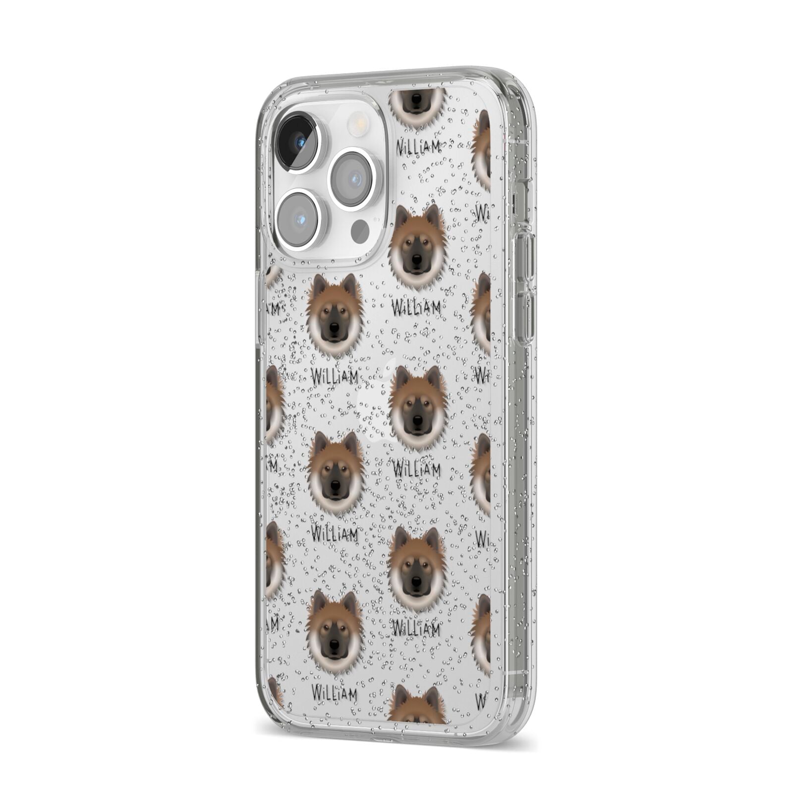 Eurasier Icon with Name iPhone 14 Pro Max Glitter Tough Case Silver Angled Image
