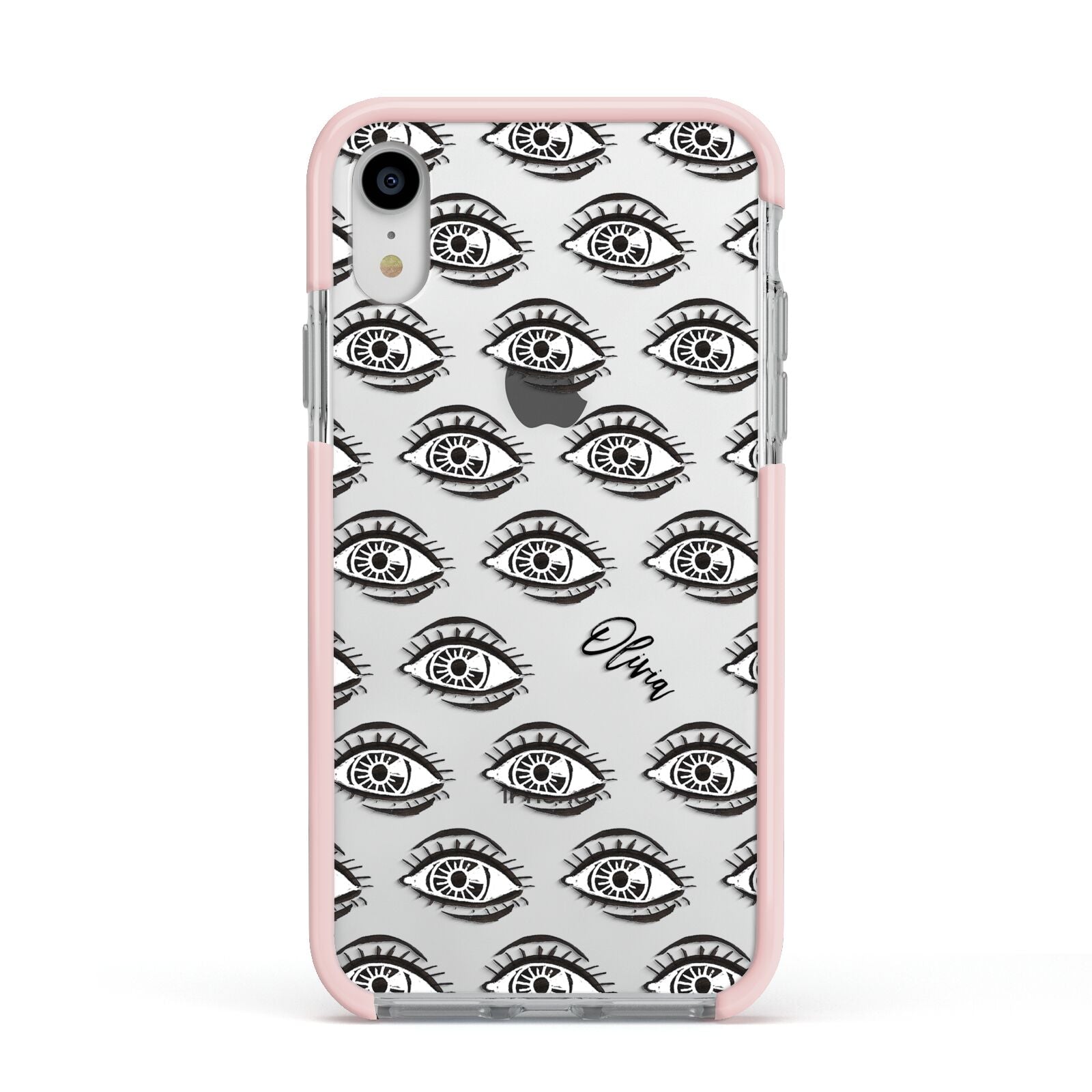 Eye Eye Personalised Apple iPhone XR Impact Case Pink Edge on Silver Phone