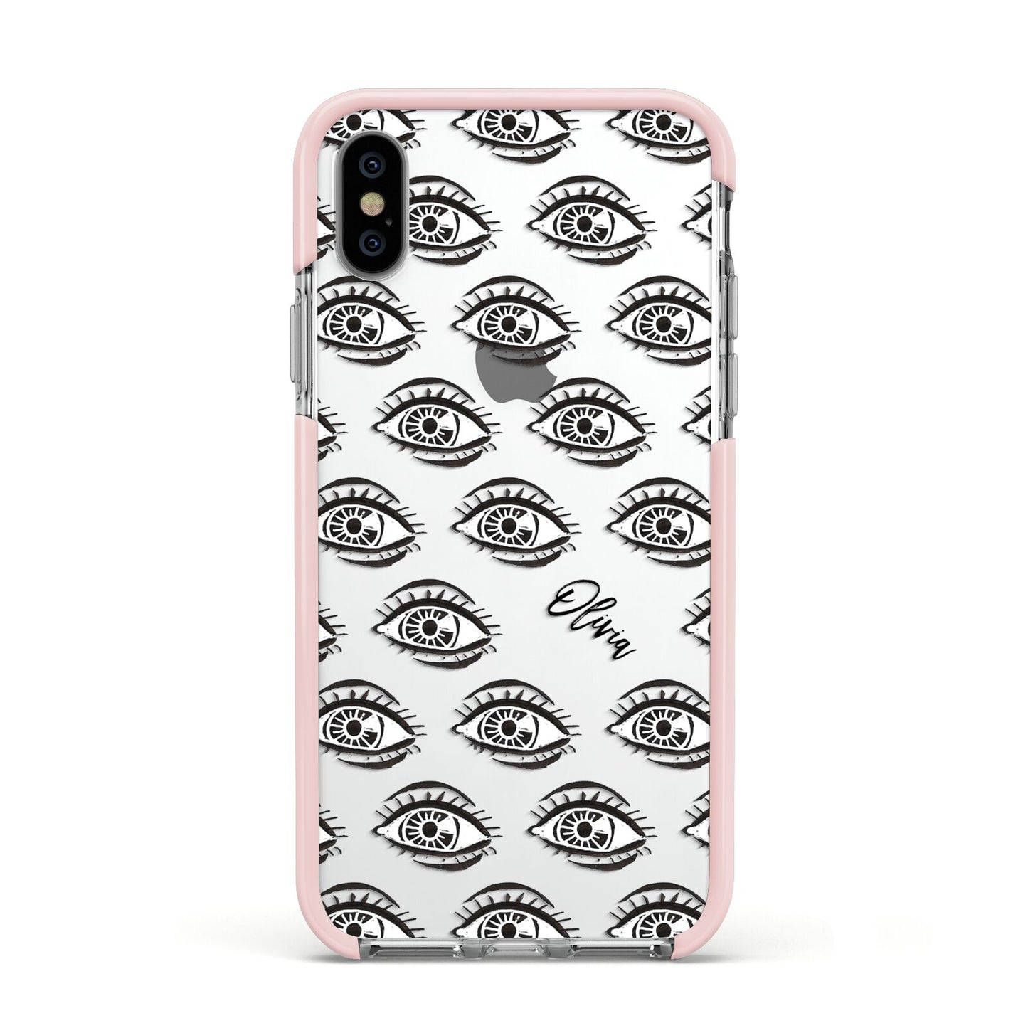 Eye Eye Personalised Apple iPhone Xs Impact Case Pink Edge on Silver Phone