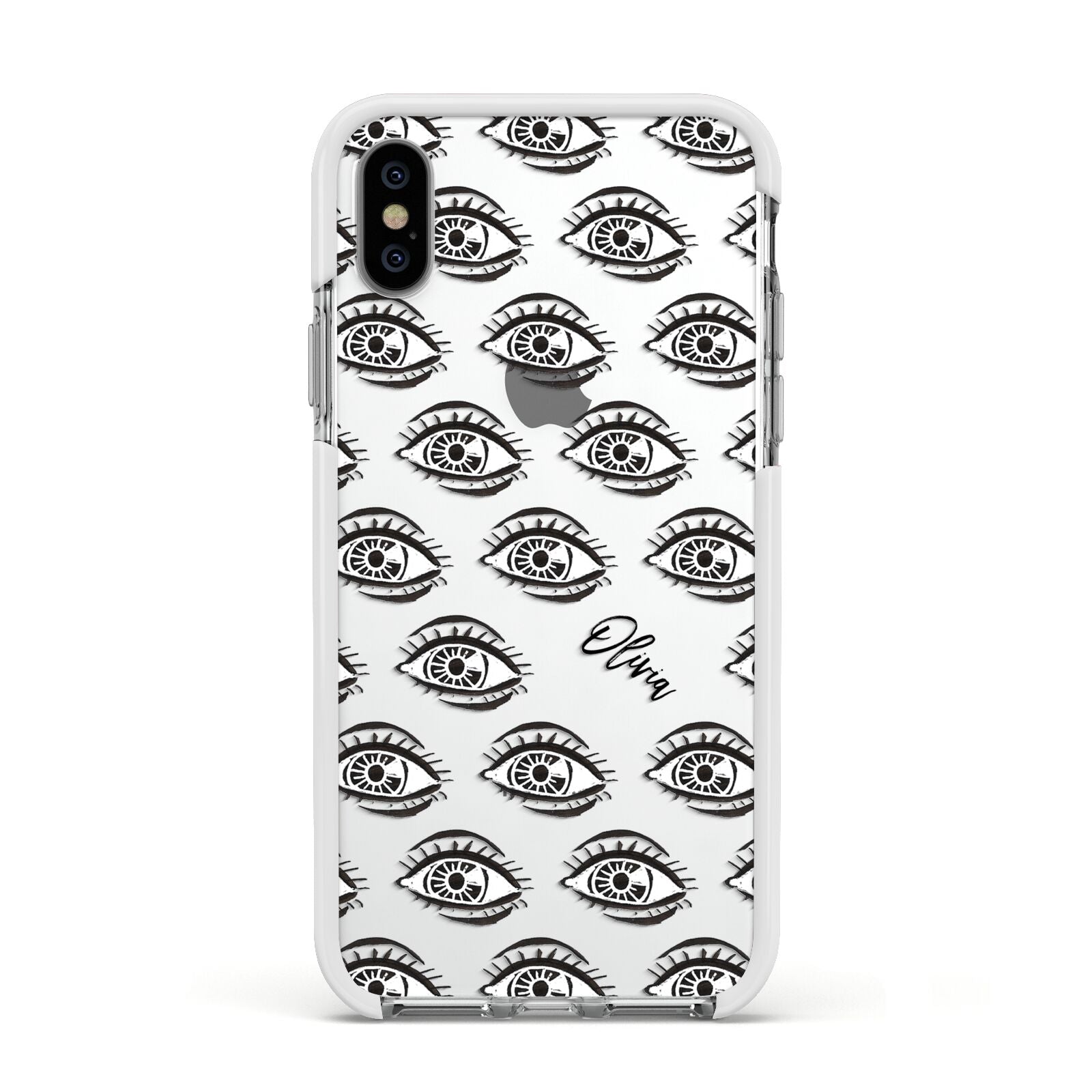 Eye Eye Personalised Apple iPhone Xs Impact Case White Edge on Silver Phone