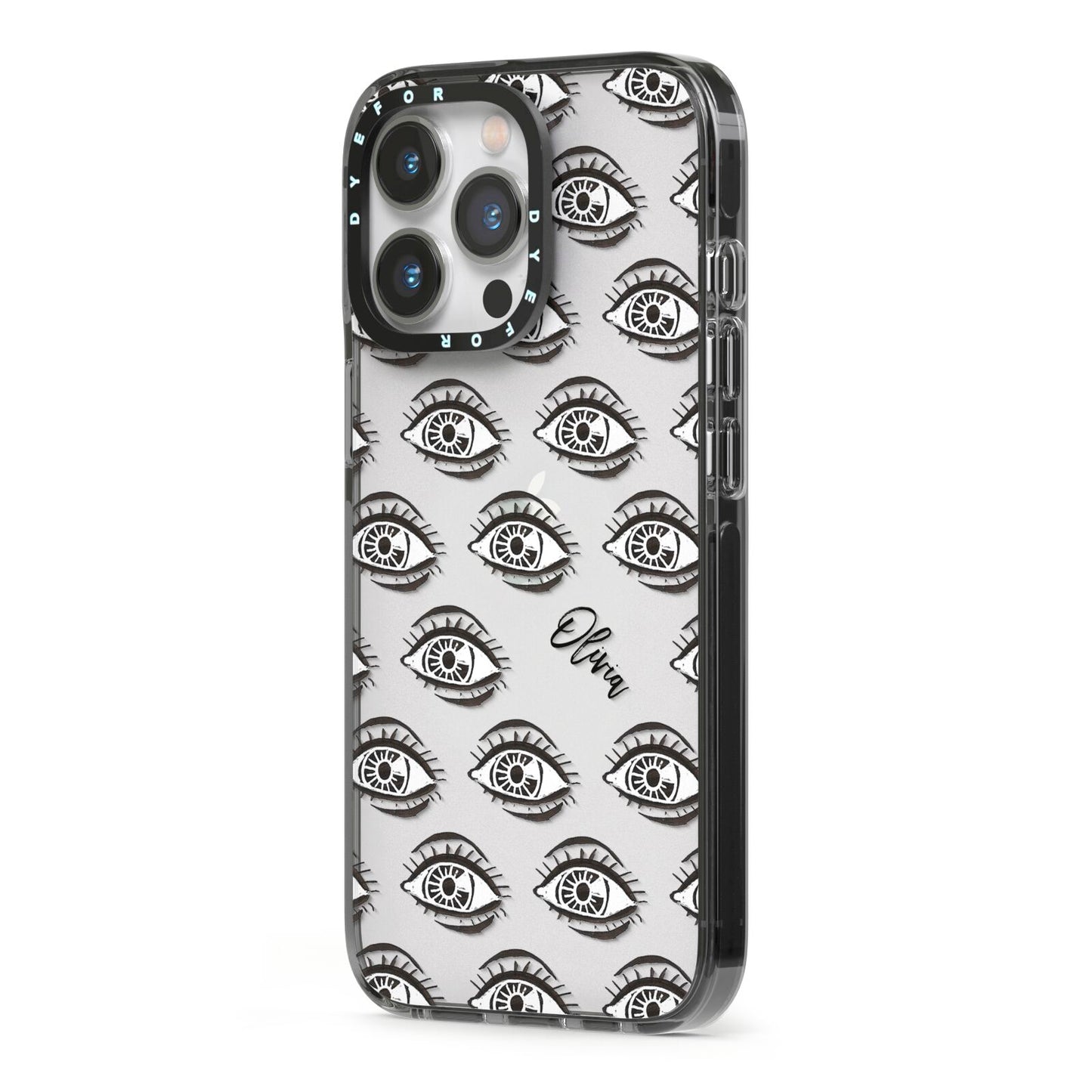 Eye Eye Personalised iPhone 13 Pro Black Impact Case Side Angle on Silver phone