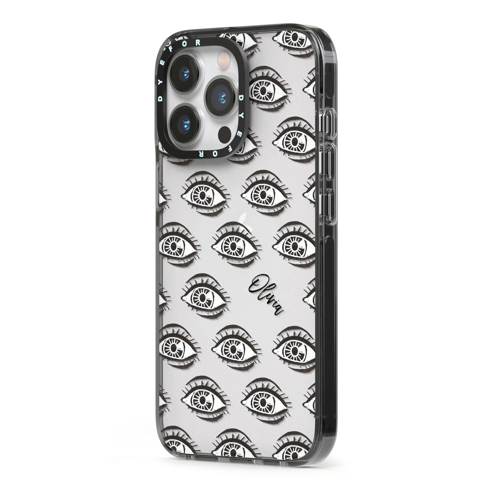 Eye Eye Personalised iPhone 13 Pro Black Impact Case Side Angle on Silver phone