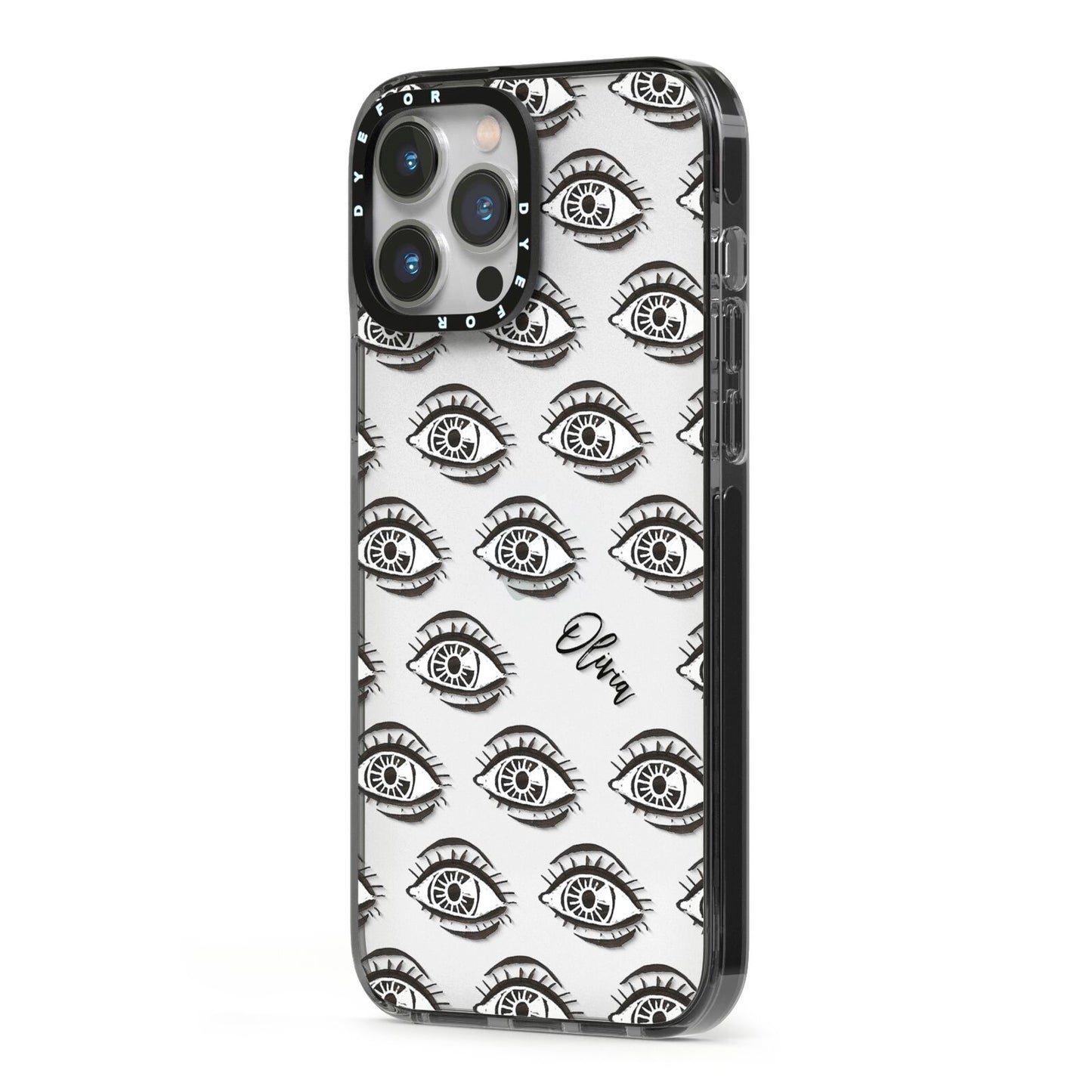 Eye Eye Personalised iPhone 13 Pro Max Black Impact Case Side Angle on Silver phone