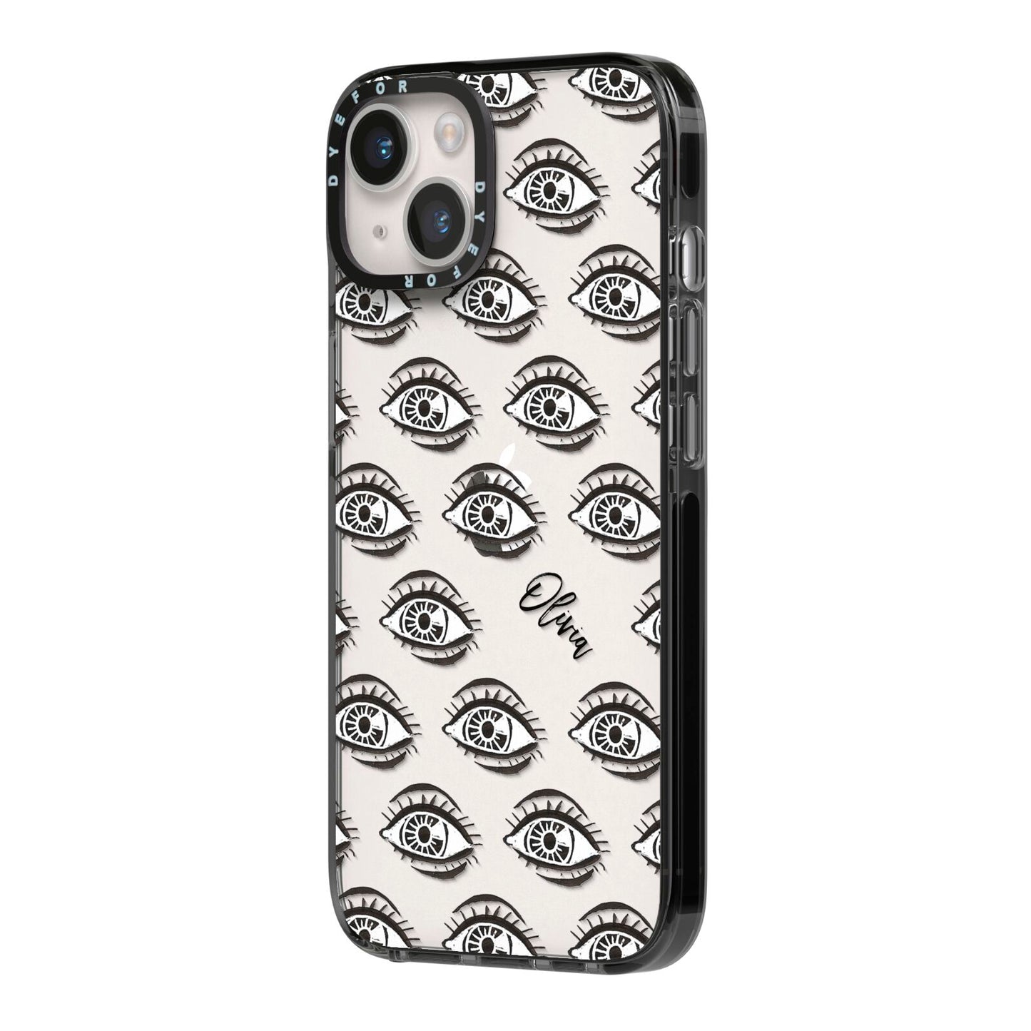 Eye Eye Personalised iPhone 14 Black Impact Case Side Angle on Silver phone