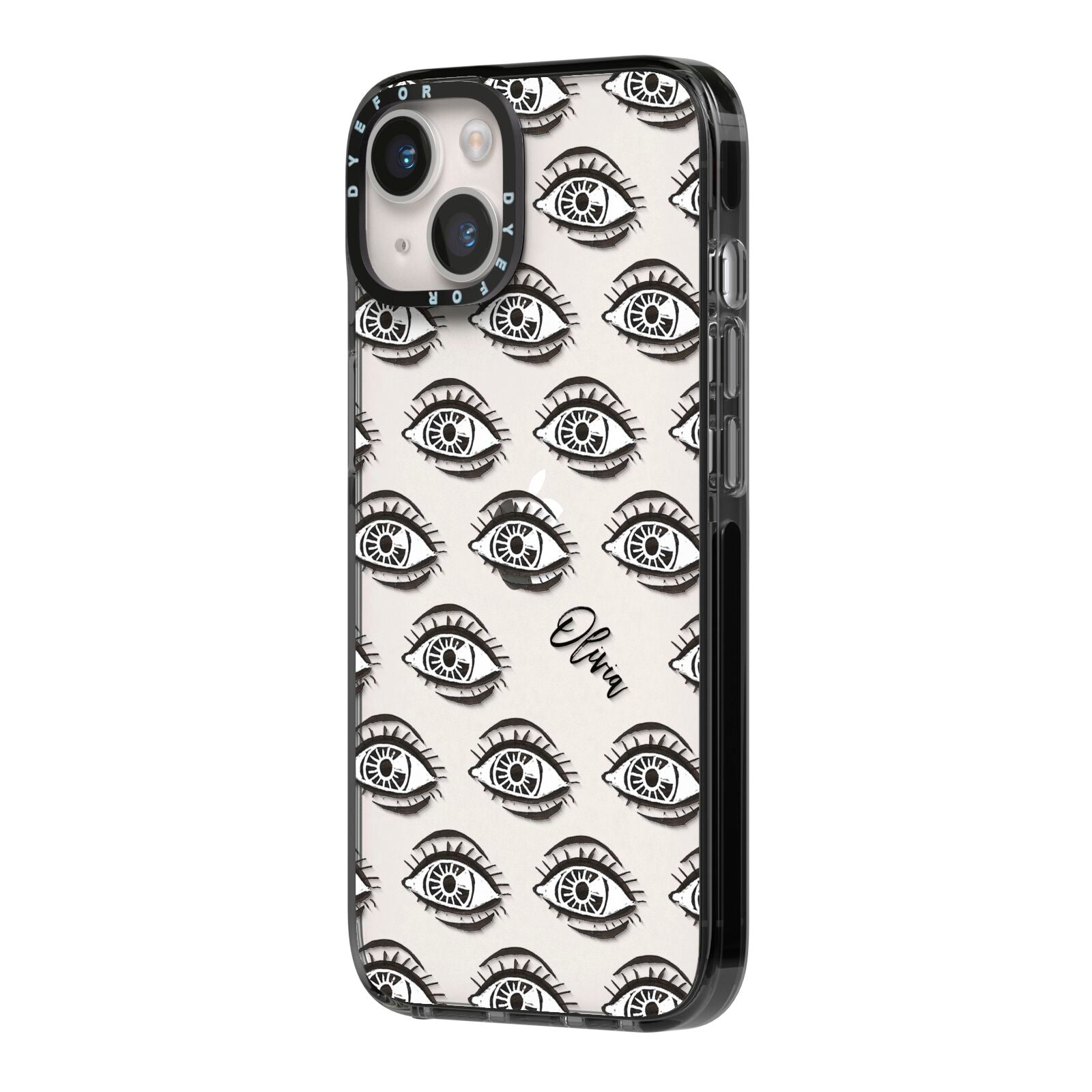 Eye Eye Personalised iPhone 14 Black Impact Case Side Angle on Silver phone